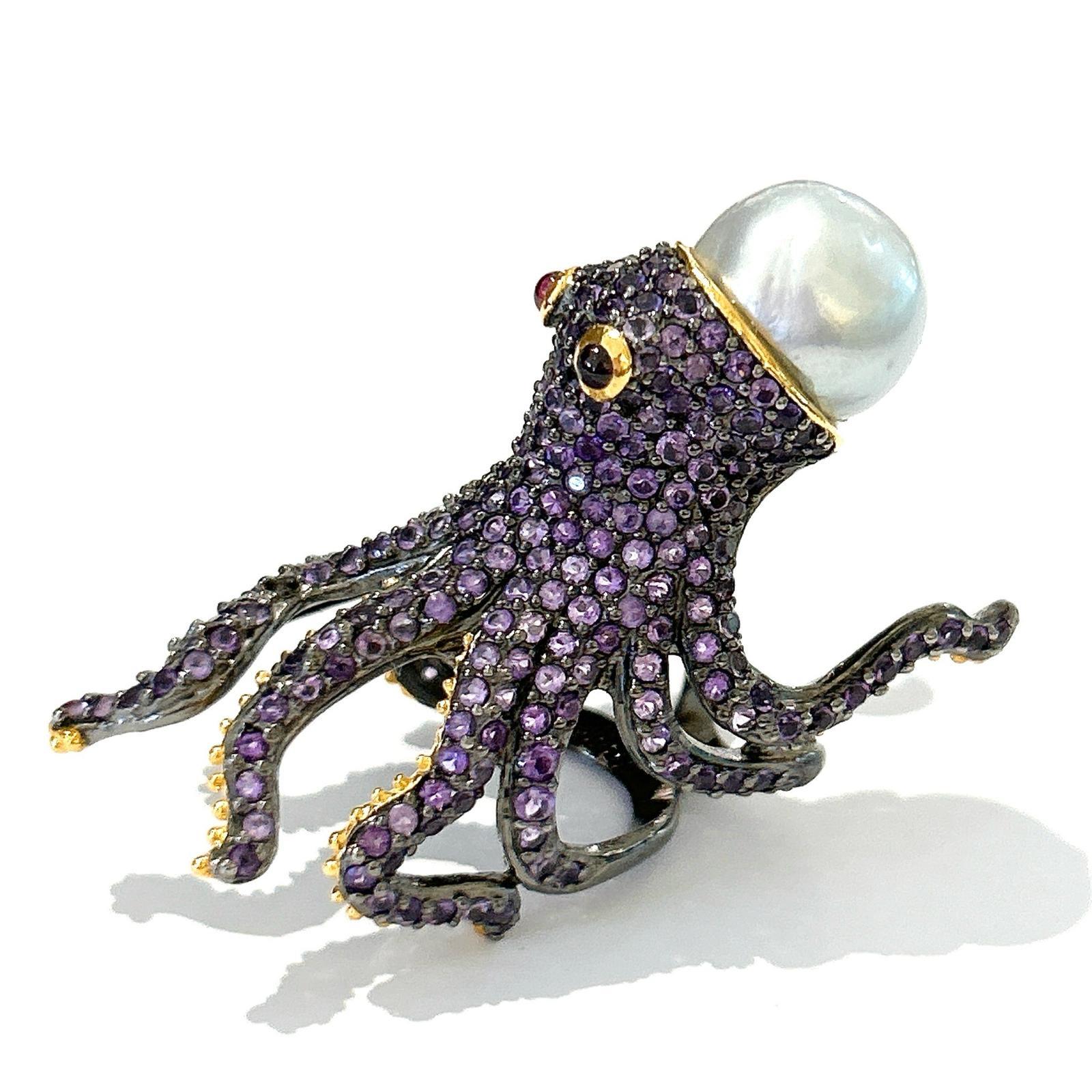 Retro Bochic “Orient” Pink/Purple Amethyst & South Sea Pearl Ring In 18K Gold&Silver  For Sale