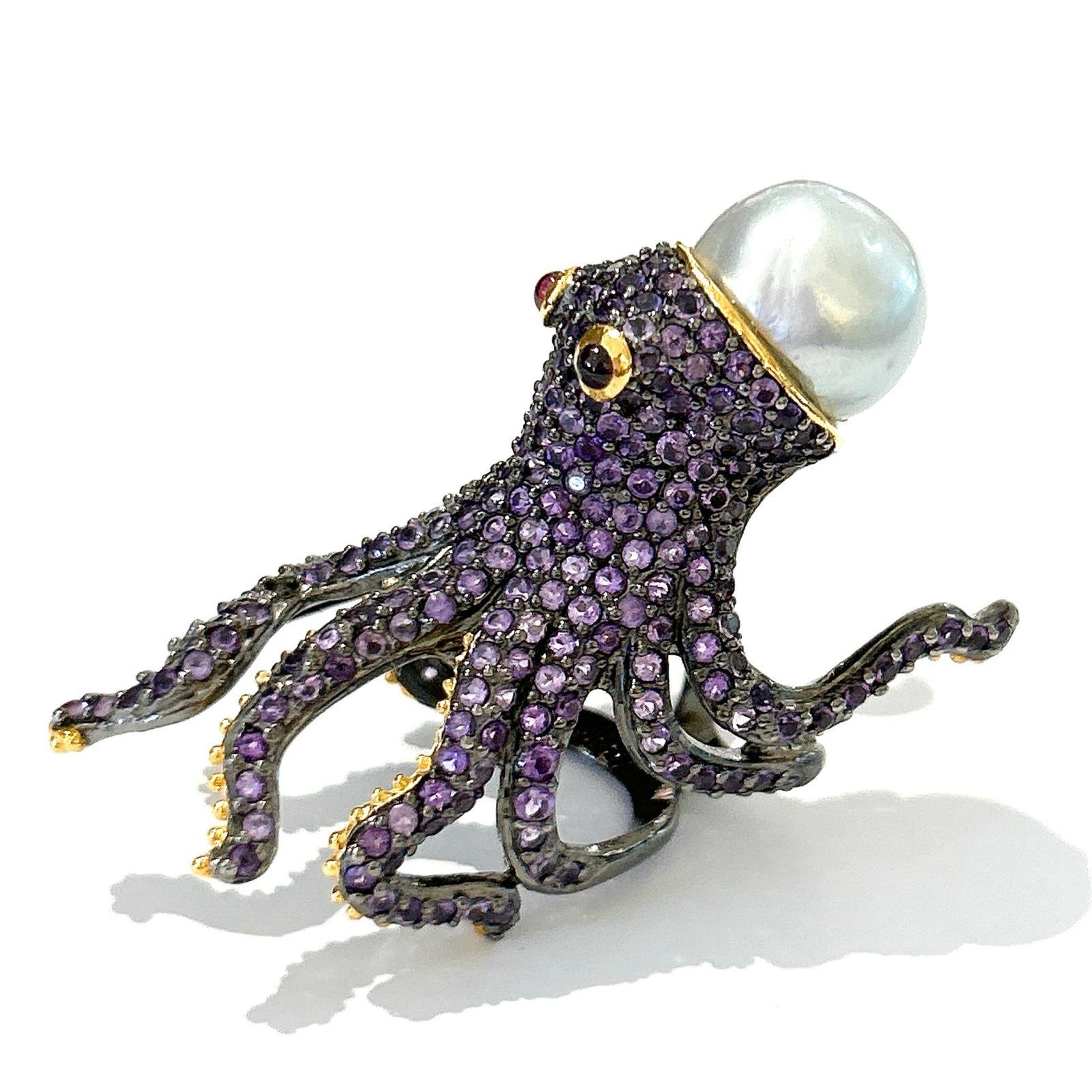 Retro Bochic “Orient” Pink/Purple Amethyst & South Sea Pearl Ring In 18K Gold&Silver For Sale