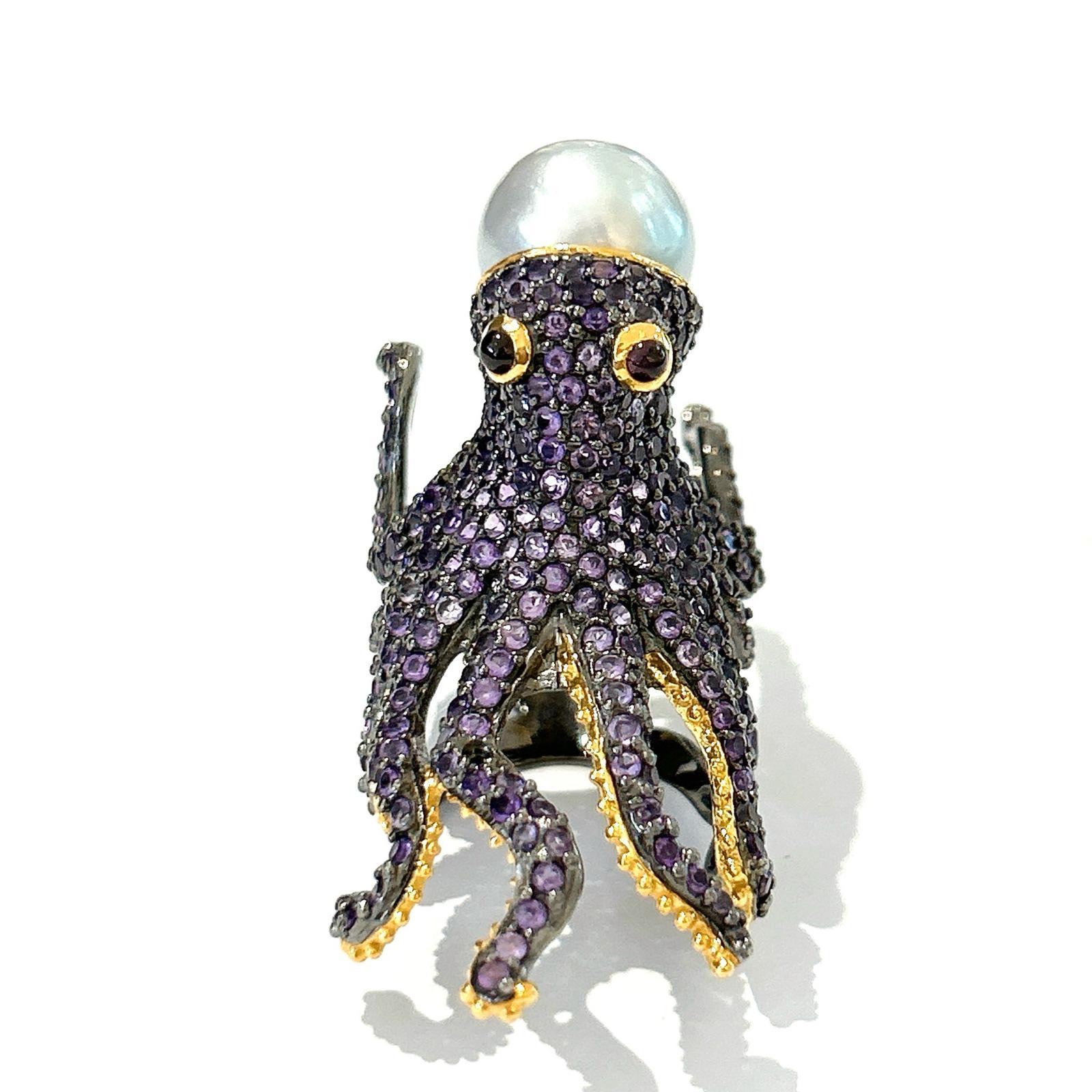 Bochic “Orient” Pink/Purple Amethyst & South Sea Pearl Ring In 18K Gold&Silver In New Condition For Sale In New York, NY