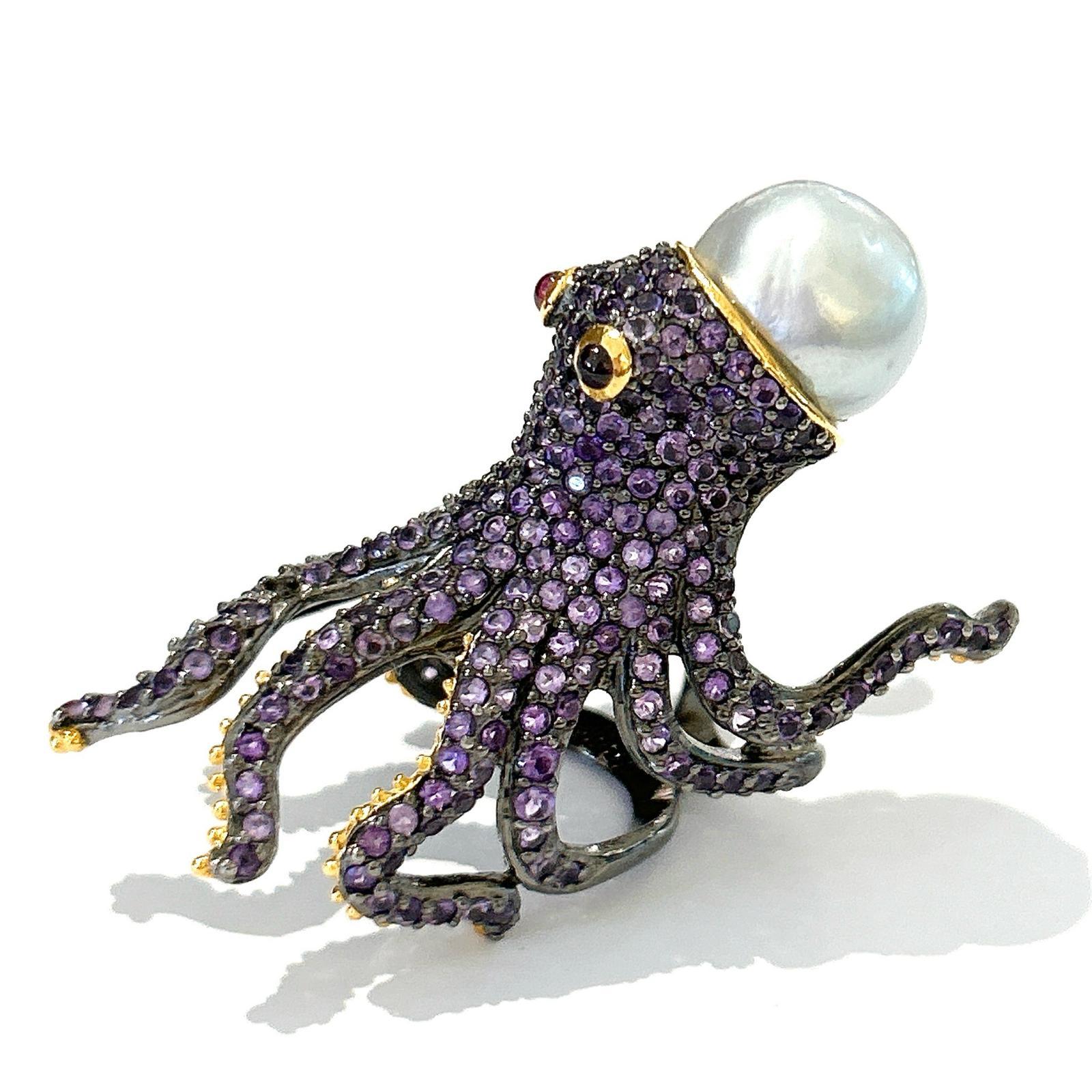 Women's or Men's Bochic “Orient” Pink/Purple Amethyst & South Sea Pearl Ring In 18K Gold&Silver  For Sale