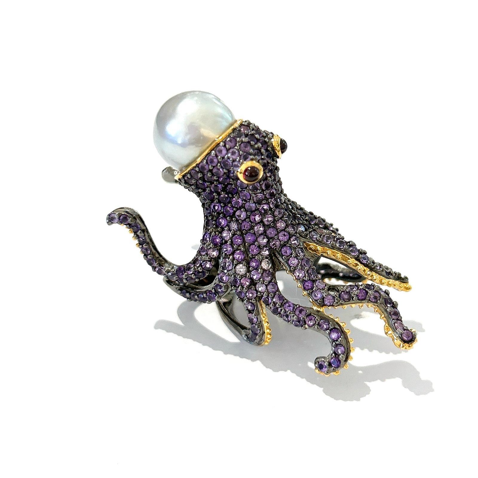 Bochic “Orient” Pink/Purple Amethyst & South Sea Pearl Ring In 18K Gold&Silver  For Sale 1