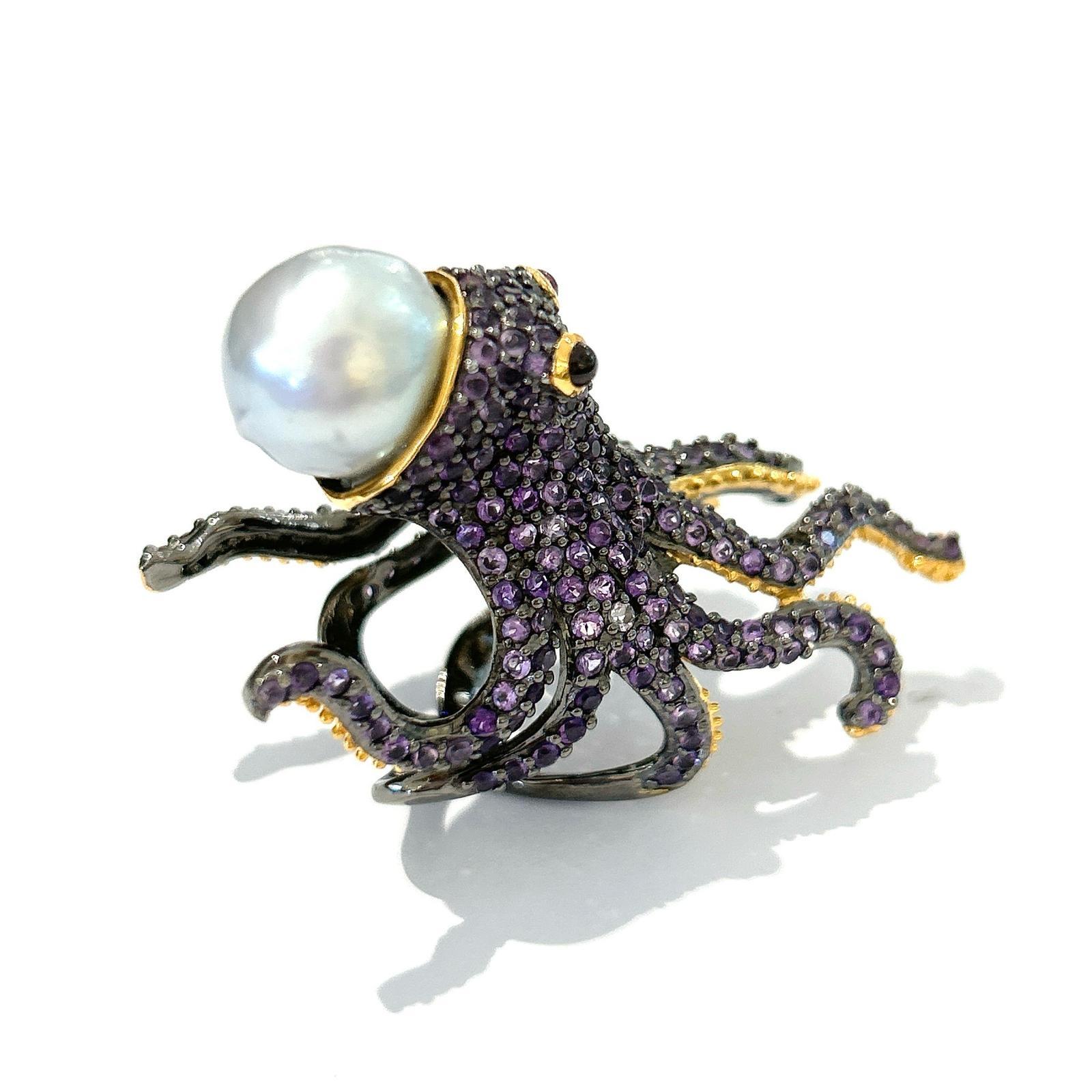 Bochic “Orient” Pink/Purple Amethyst & South Sea Pearl Ring In 18K Gold&Silver For Sale 2