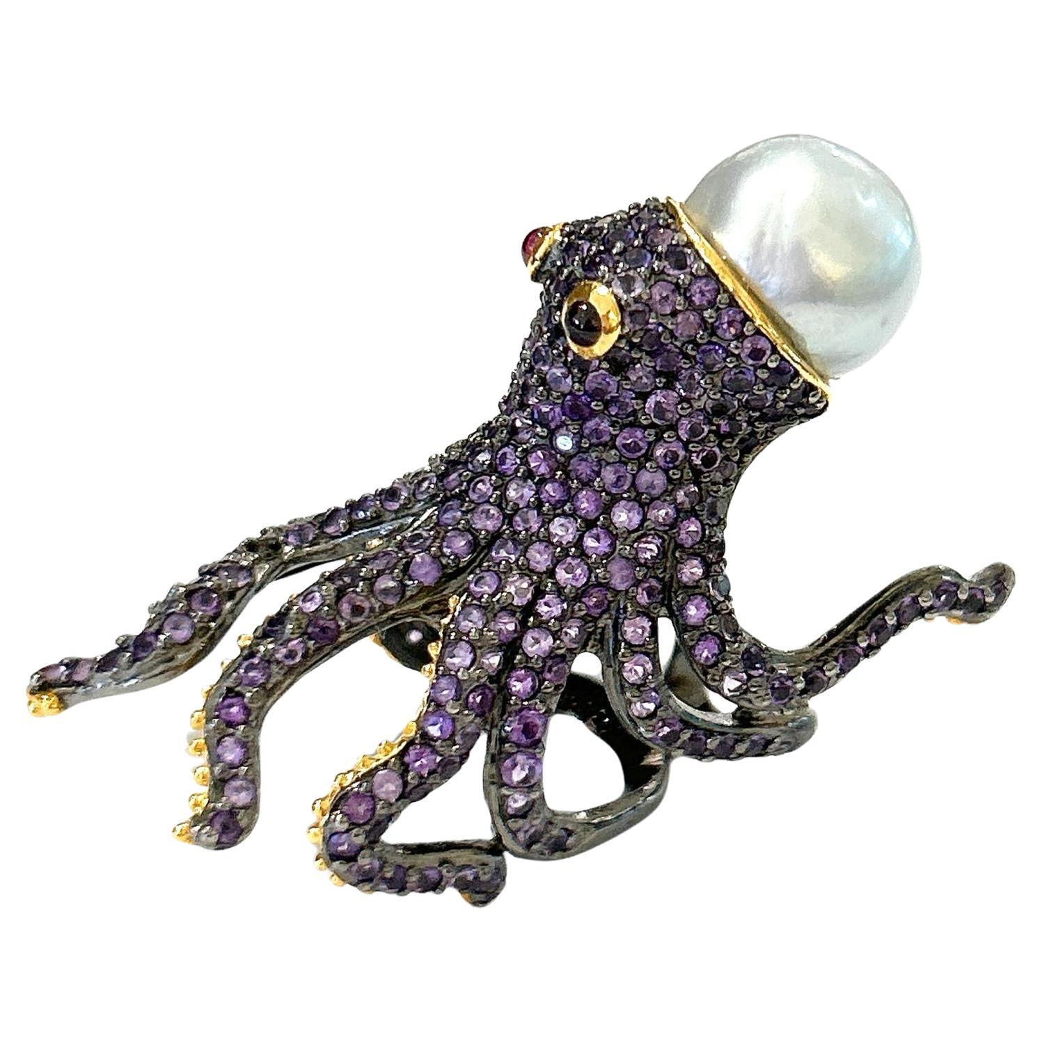 Bochic “Orient” Pink/Purple Amethyst & South Sea Pearl Ring In 18K Gold&Silver  For Sale