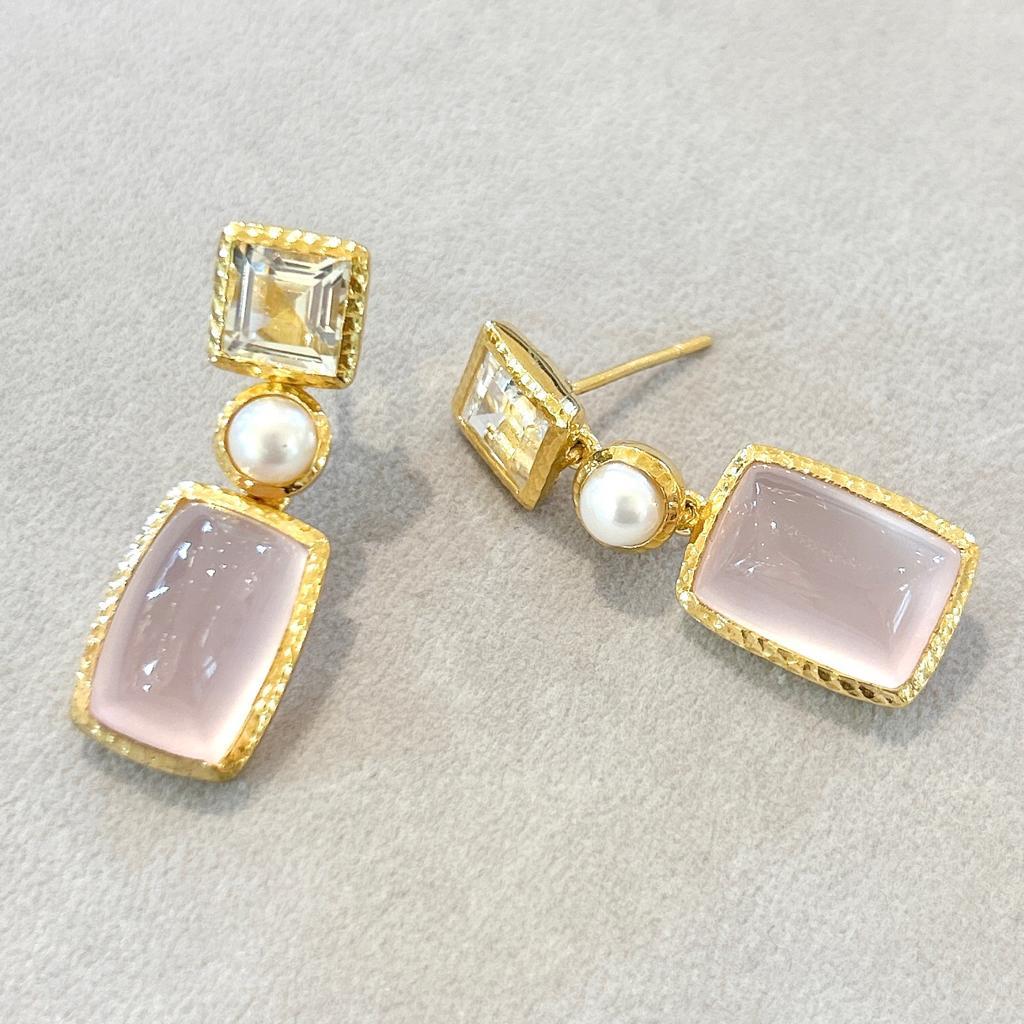 Art Deco Bochic “Orient” Pink Quartz, Pearls & White Topaz Earrings Set 18K Gold & Silver For Sale