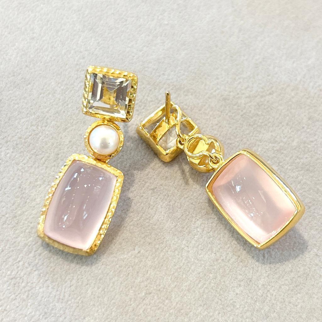 Cabochon Bochic “Orient” Pink Quartz, Pearls & White Topaz Earrings Set 18K Gold & Silver For Sale