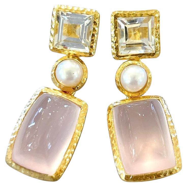 Bochic “Orient” Pink Quartz, Pearls & White Topaz Earrings Set 18K Gold & Silver For Sale