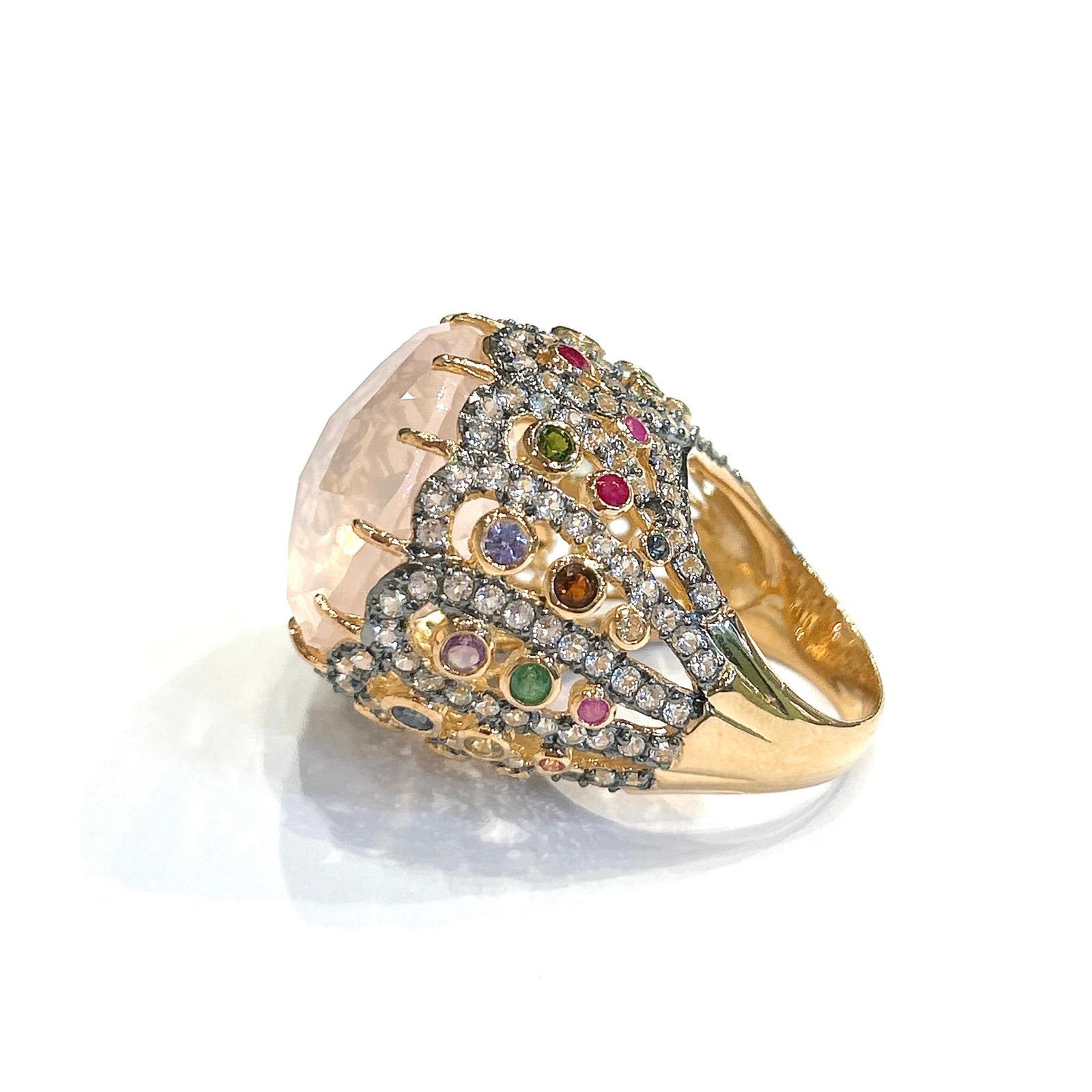 Bochic “Orient” Pink Quartz & Sapphire Ring Set In 18K Gold & Silver For Sale 5