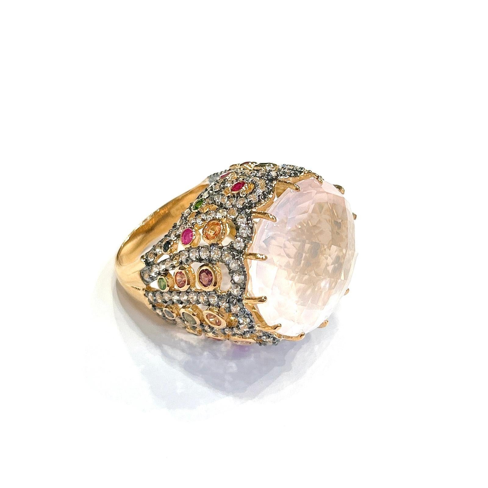 Women's or Men's Bochic “Orient” Pink Quartz & Sapphire Ring Set In 18K Gold & Silver For Sale
