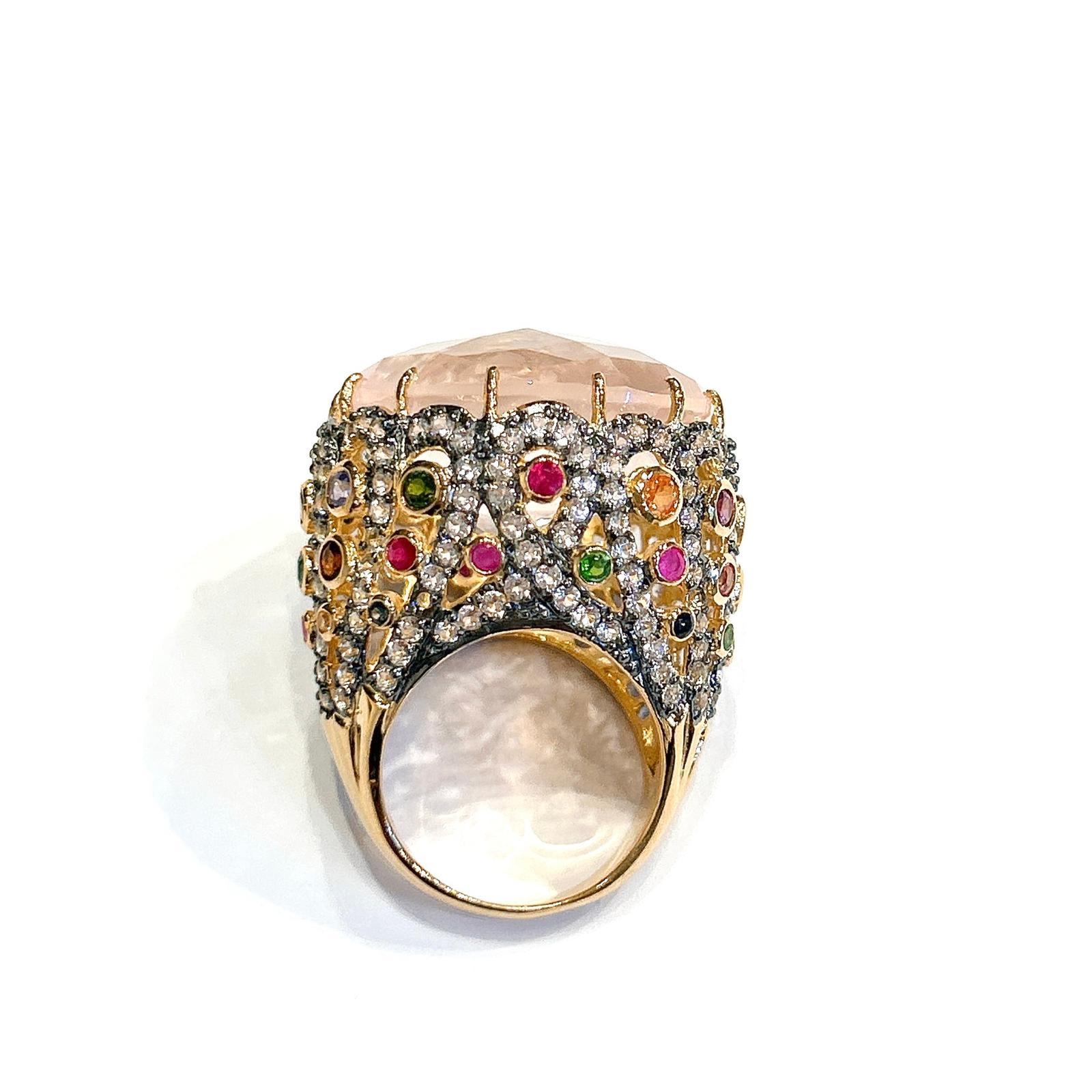 Bochic “Orient” Pink Quartz & Sapphire Ring Set In 18K Gold & Silver For Sale 1