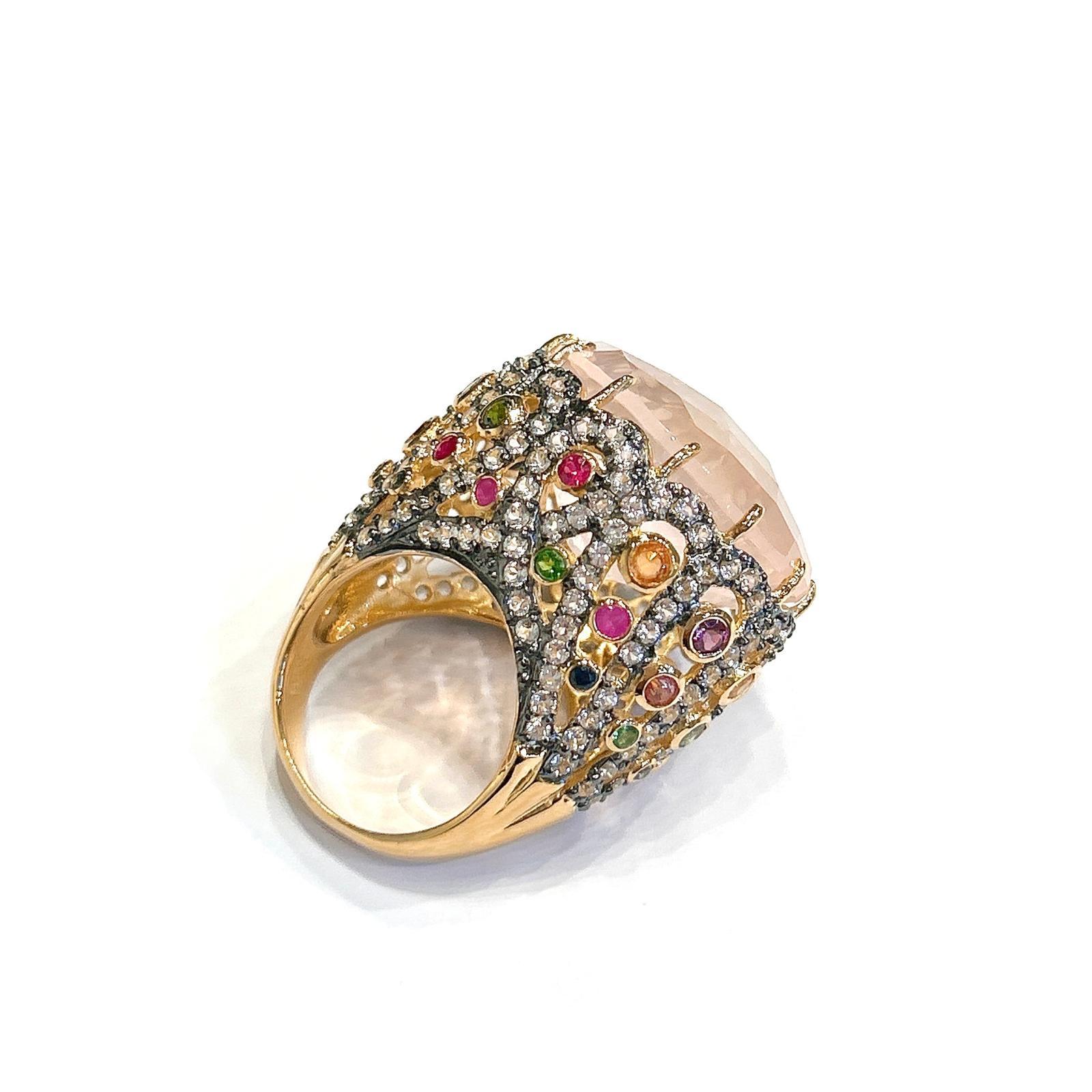 Bochic “Orient” Pink Quartz & Sapphire Ring Set In 18K Gold & Silver For Sale 2
