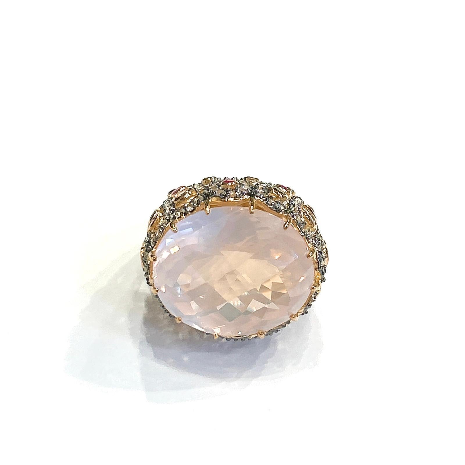 Bochic “Orient” Pink Quartz & Sapphire Ring Set In 18K Gold & Silver For Sale 3