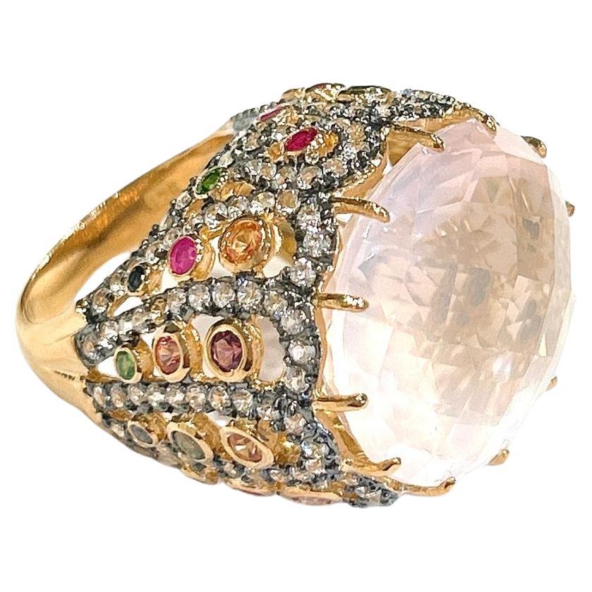 Bochic “Orient” Pink Quartz & Sapphire Ring Set In 18K Gold & Silver
