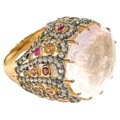 Bochic “Orient” Pink Quartz & Sapphire Ring Set In 18K Gold & Silver