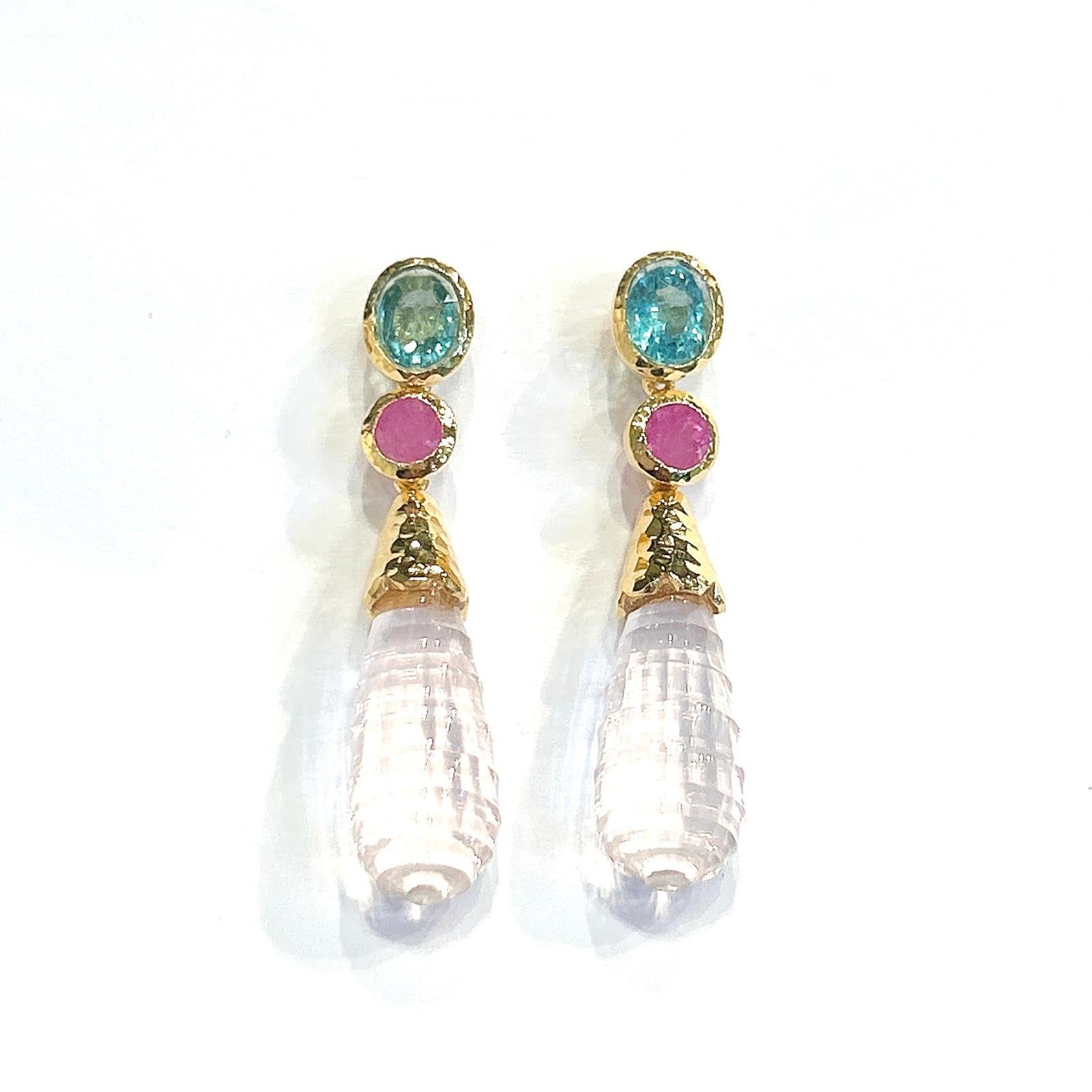 Bochic Orient Ohrringe aus 18 Karat Gold und Silber mit rosa Quarz, Topas und rosa Rubin im Angebot 5