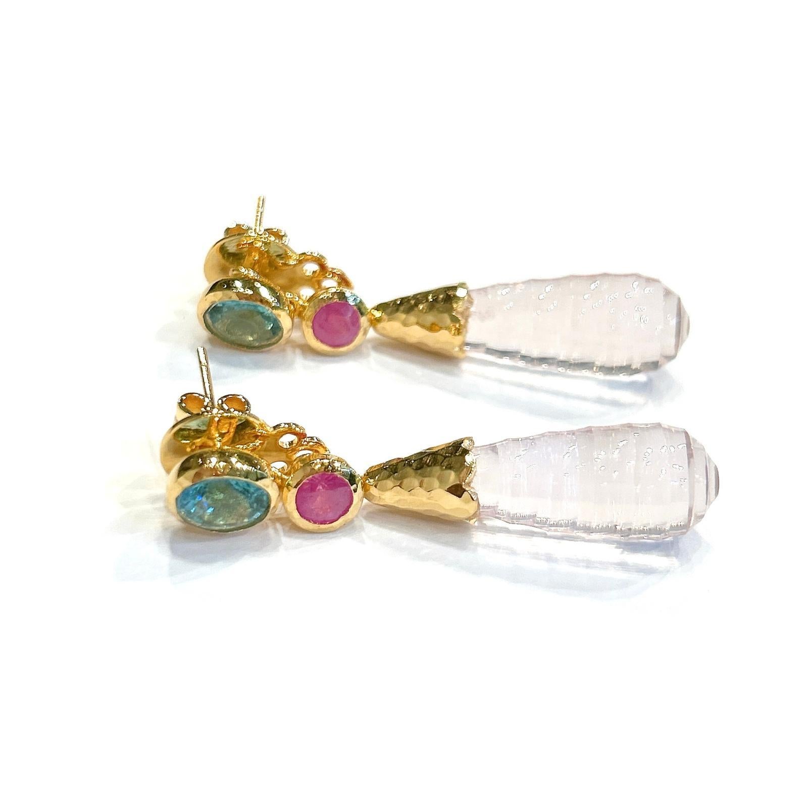 Bochic Orient Ohrringe aus 18 Karat Gold und Silber mit rosa Quarz, Topas und rosa Rubin im Angebot 1