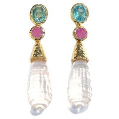 Orecchini Bochic "Orient" in quarzo rosa, topazio e rubino rosa in oro e argento 18 carati
