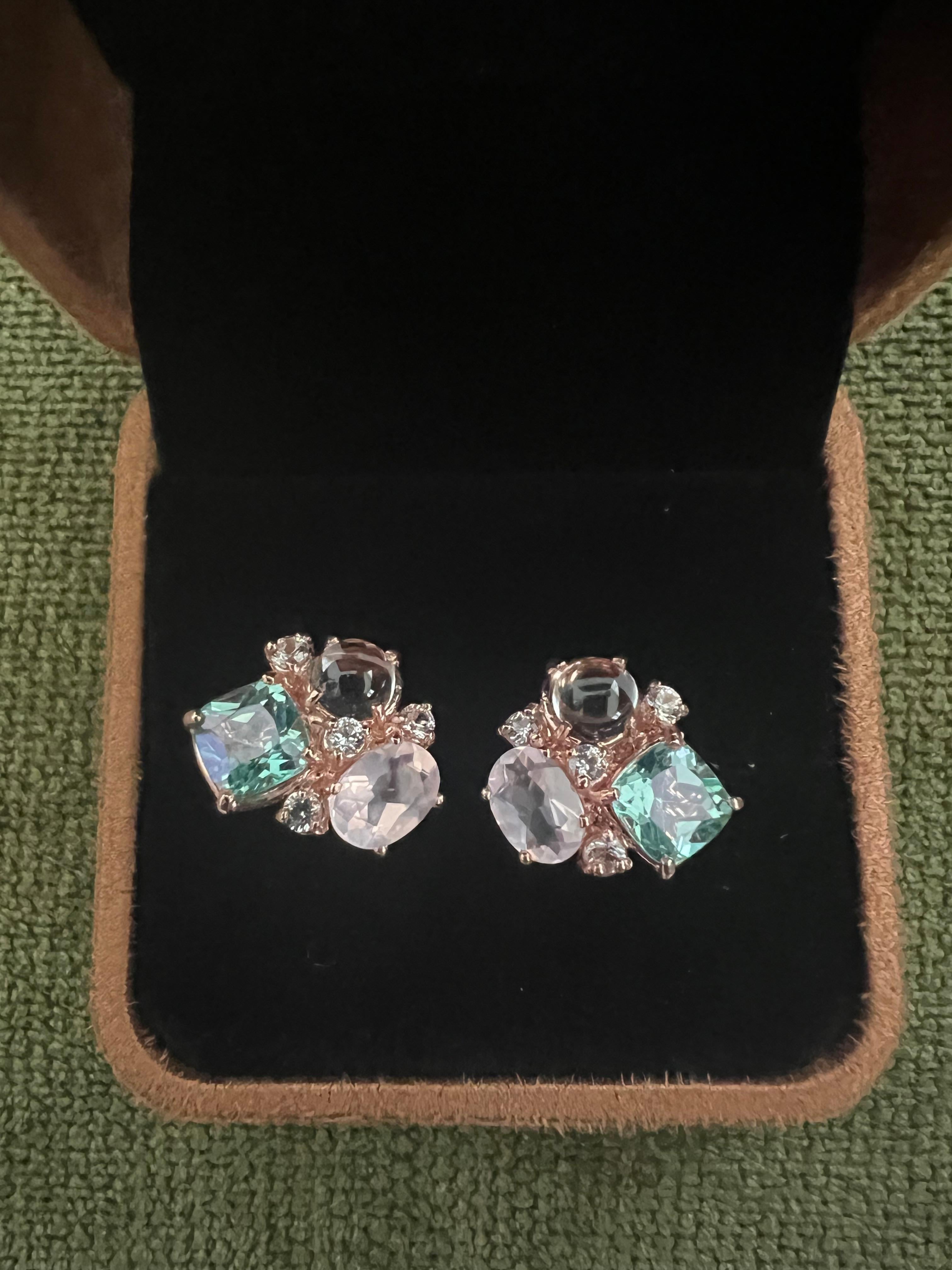 Bochic “Orient” Pink Quartz, Topaz & Sapphire Earrings Set In 18K Gold & Silver 4