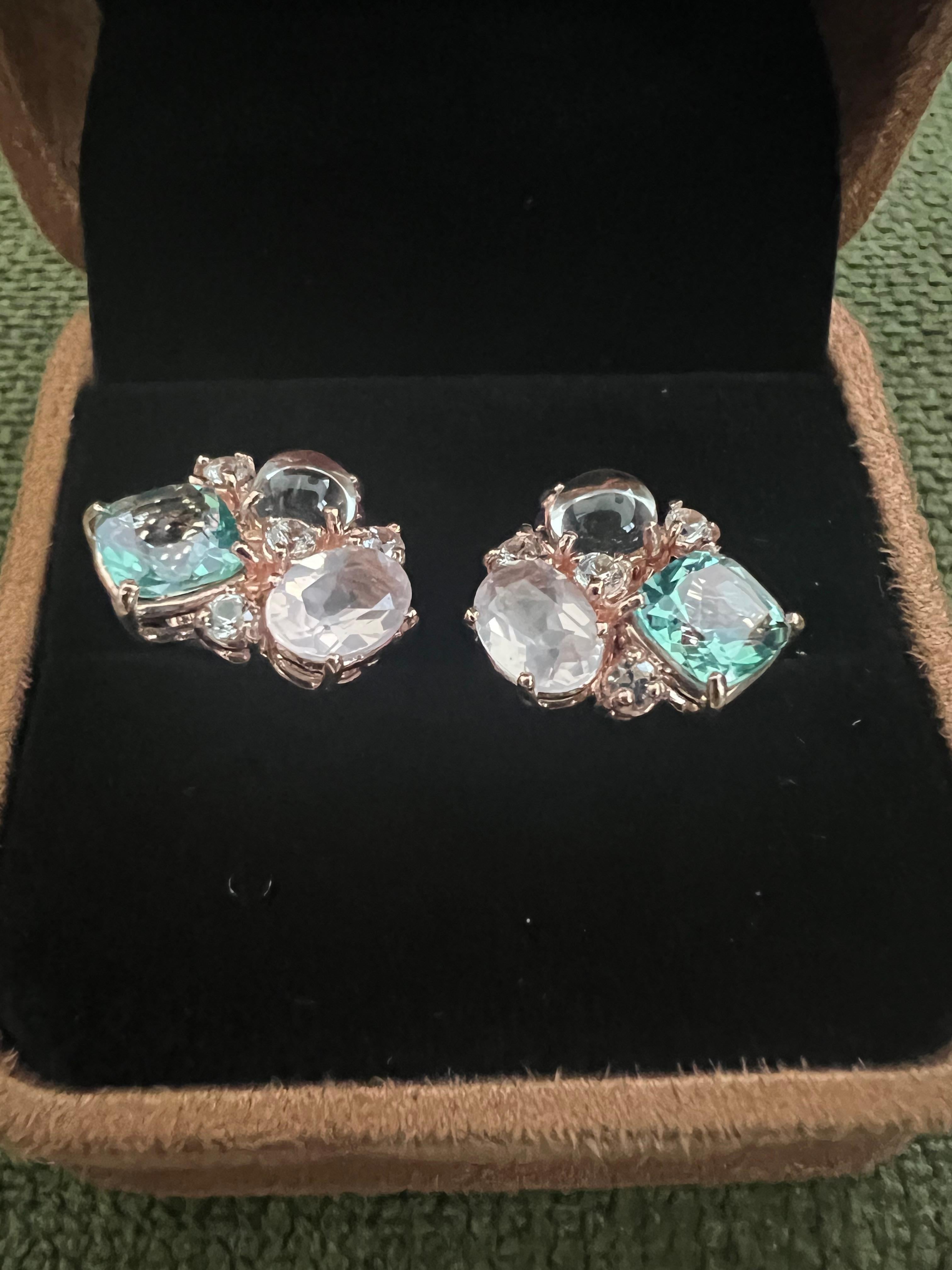 Baroque Bochic “Orient” Pink Quartz, Topaz & Sapphire Earrings Set In 18K Gold & Silver