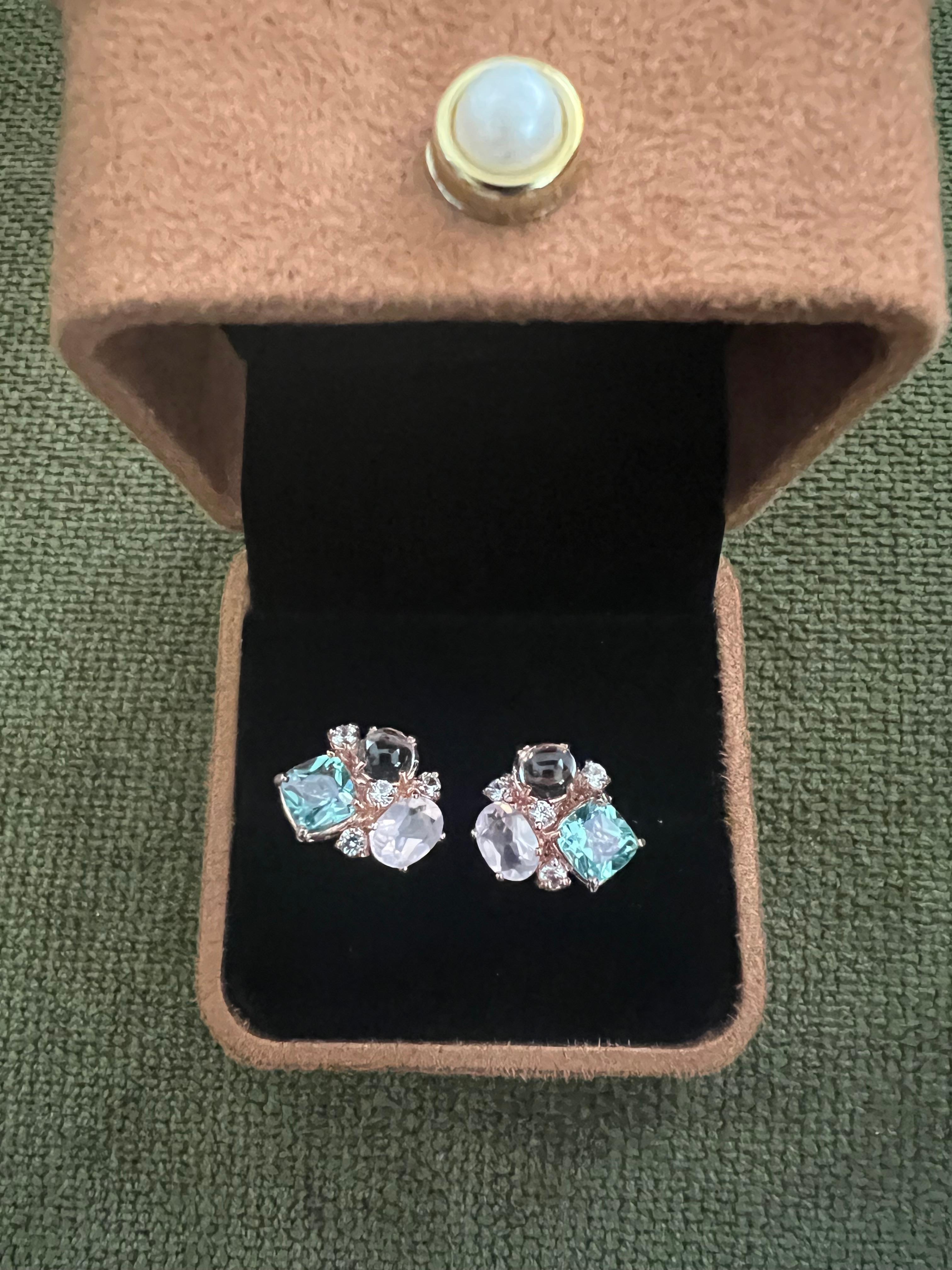 Brilliant Cut Bochic “Orient” Pink Quartz, Topaz & Sapphire Earrings Set In 18K Gold & Silver