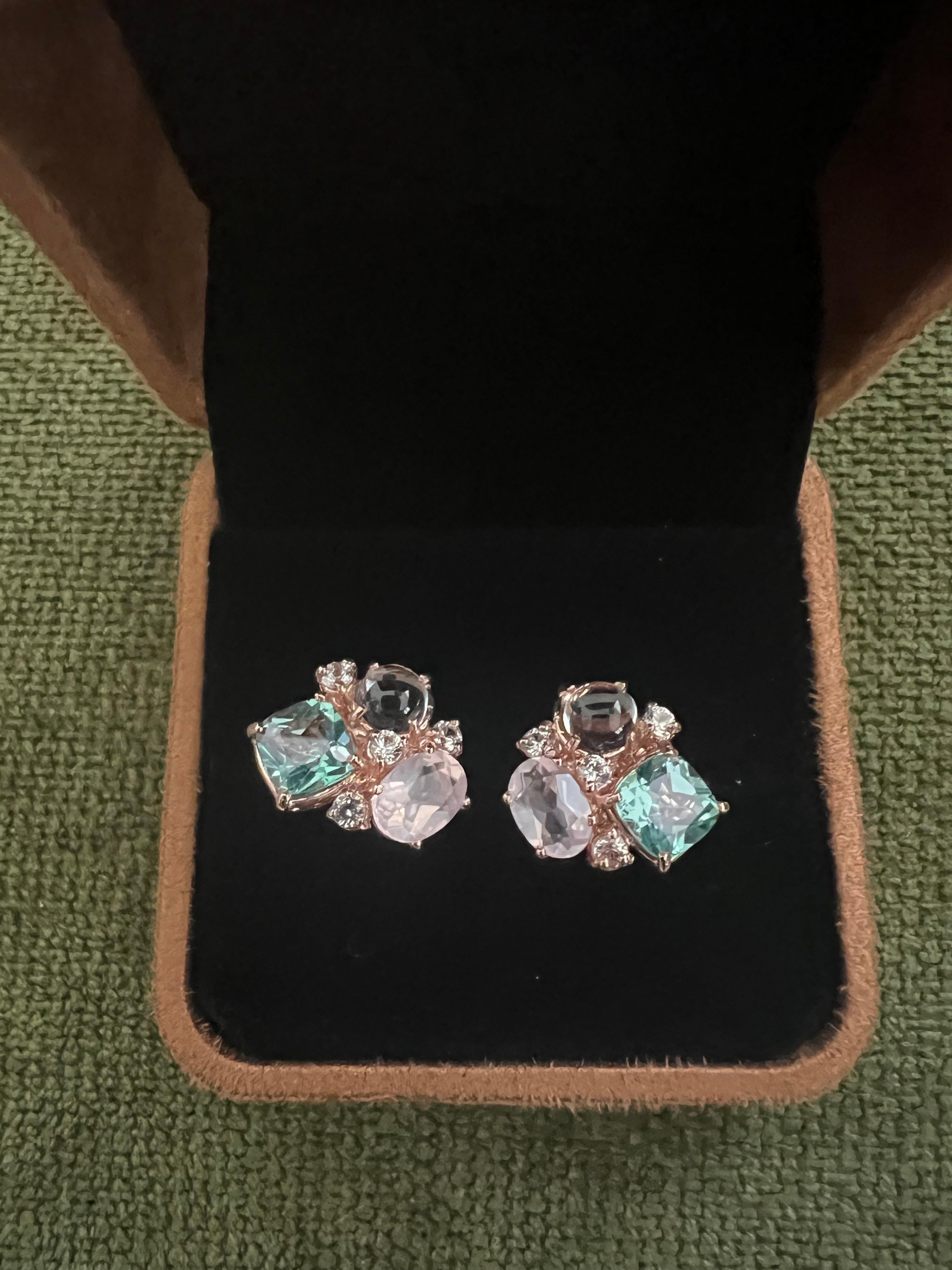 Bochic “Orient” Pink Quartz, Topaz & Sapphire Earrings Set In 18K Gold & Silver In New Condition In New York, NY