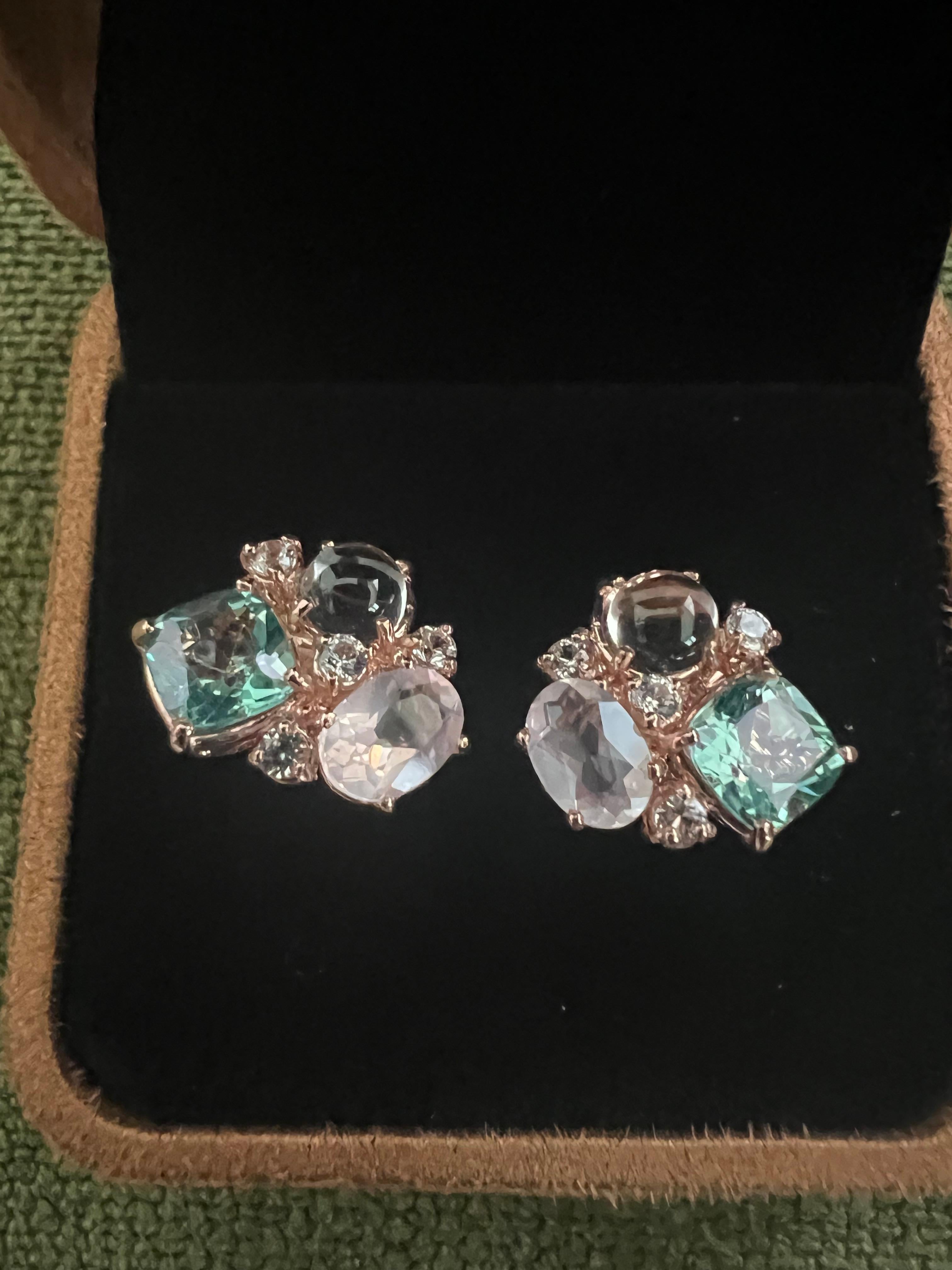Women's Bochic “Orient” Pink Quartz, Topaz & Sapphire Earrings Set In 18K Gold & Silver