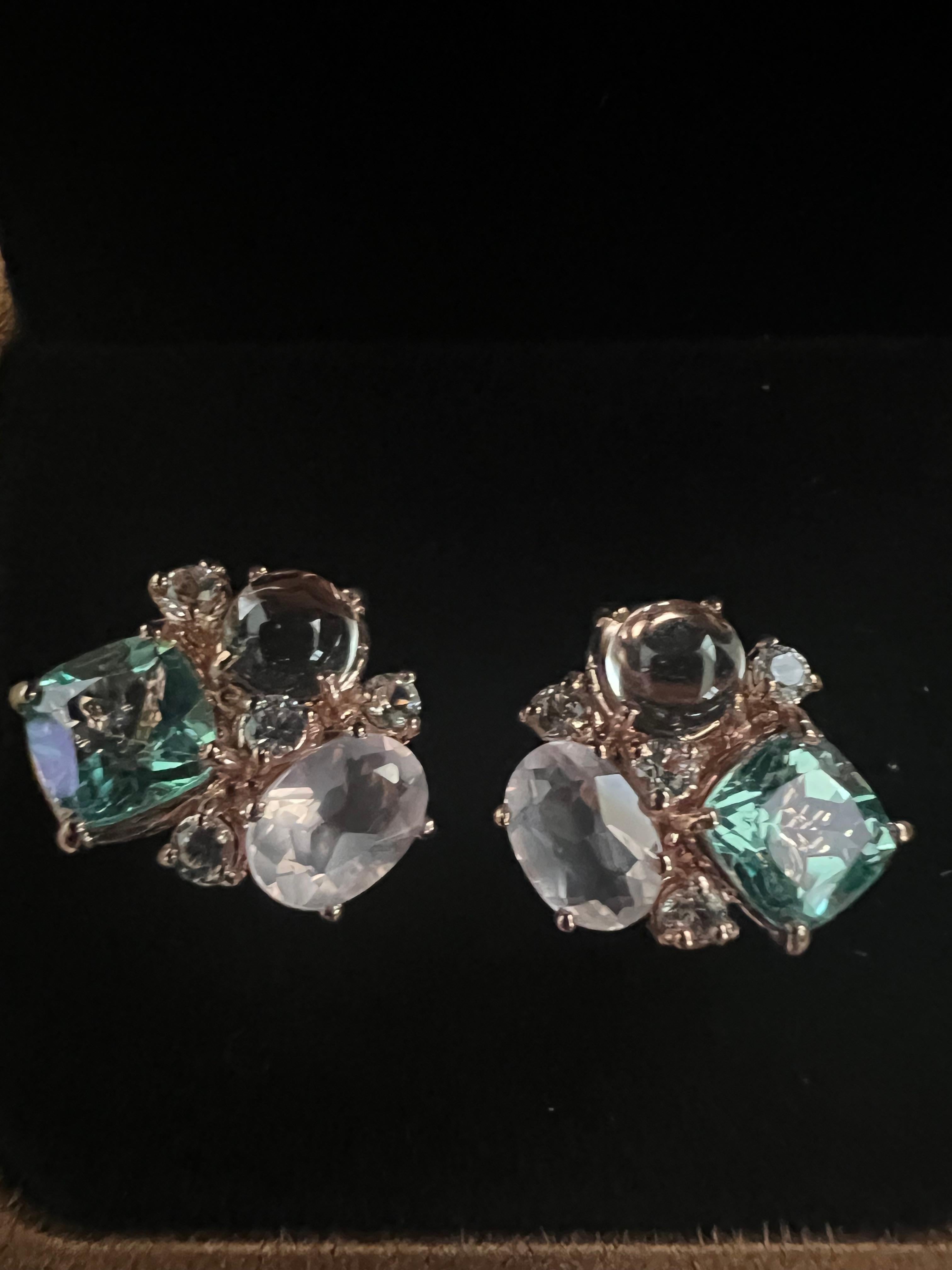Bochic “Orient” Pink Quartz, Topaz & Sapphire Earrings Set In 18K Gold & Silver 2