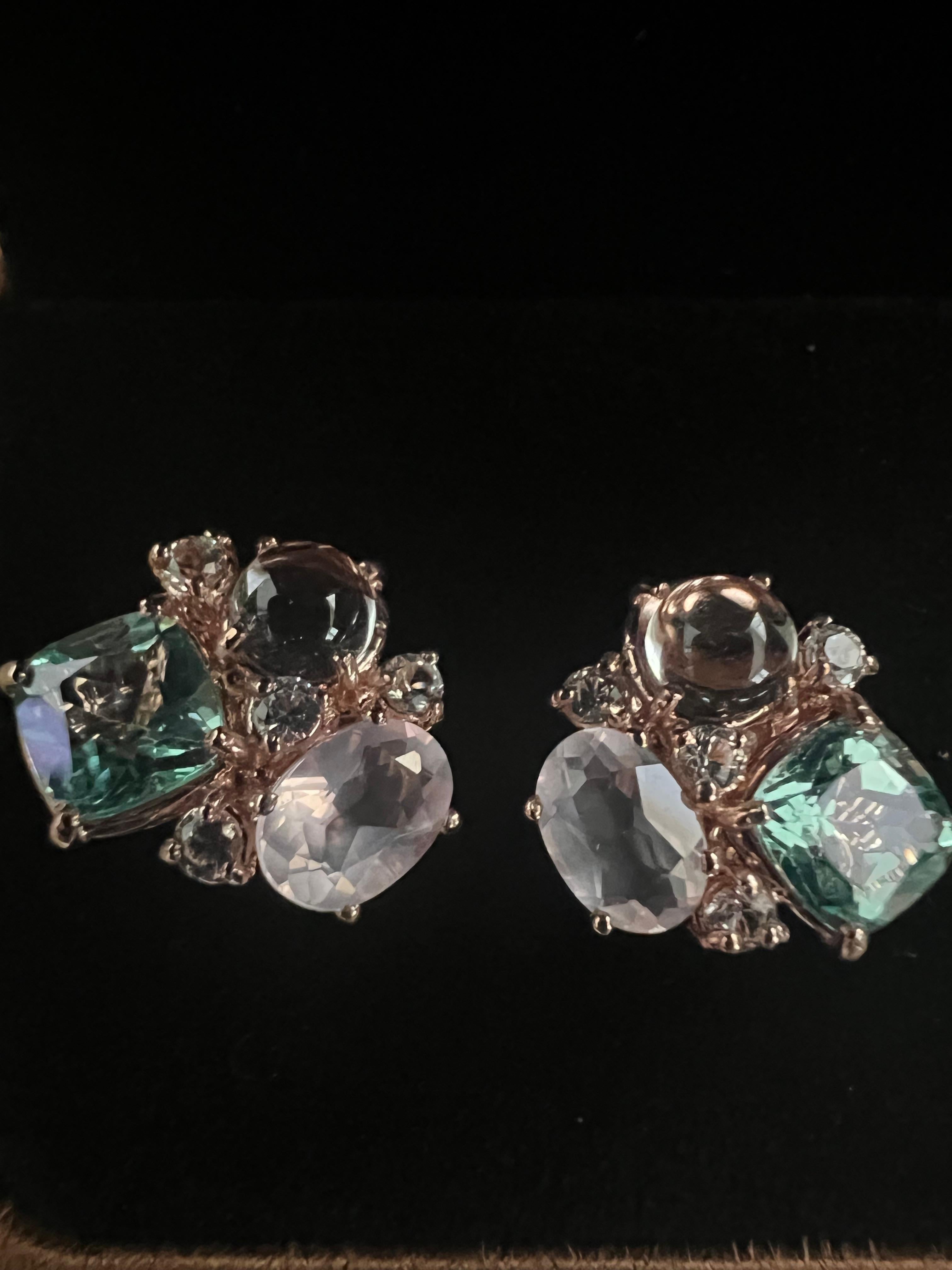 Bochic “Orient” Pink Quartz, Topaz & Sapphire Earrings Set In 18K Gold & Silver 3