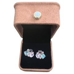 Bochic “Orient” Pink Quartz, Topaz & Sapphire Earrings Set In 18K Gold & Silver