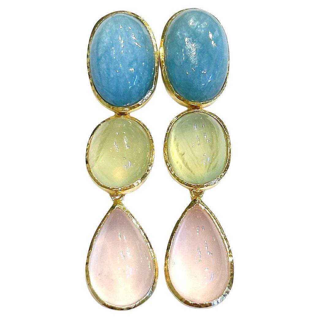 Juego de pendientes Bochic "Oriente" de cuarzo rosa, turquesa y peridoto Oro de 18 quilates y plata