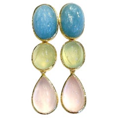 Bochic “Orient” Pink Quartz, Turquoise & Peridot Earrings Set 18K Gold & Silver