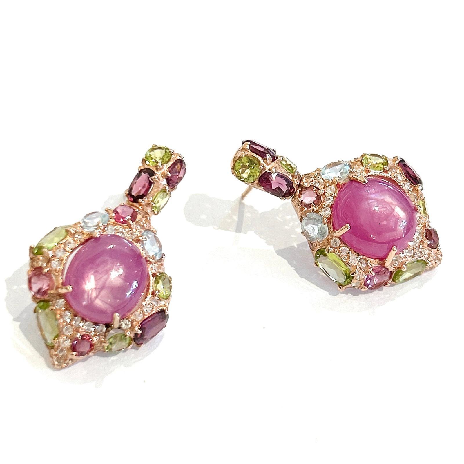 Belle Époque Bochic “Orient” Pink Ruby & Blue Topaz  Earrings Set In 18K Gold & Silver For Sale