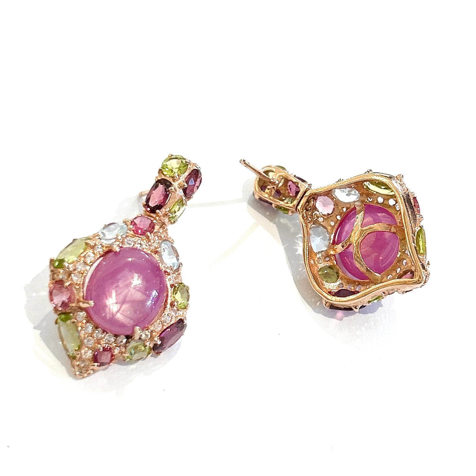 Bochic “Orient” Pink Ruby & Blue Topaz  Earrings Set In 18K Gold & Silver In New Condition For Sale In New York, NY