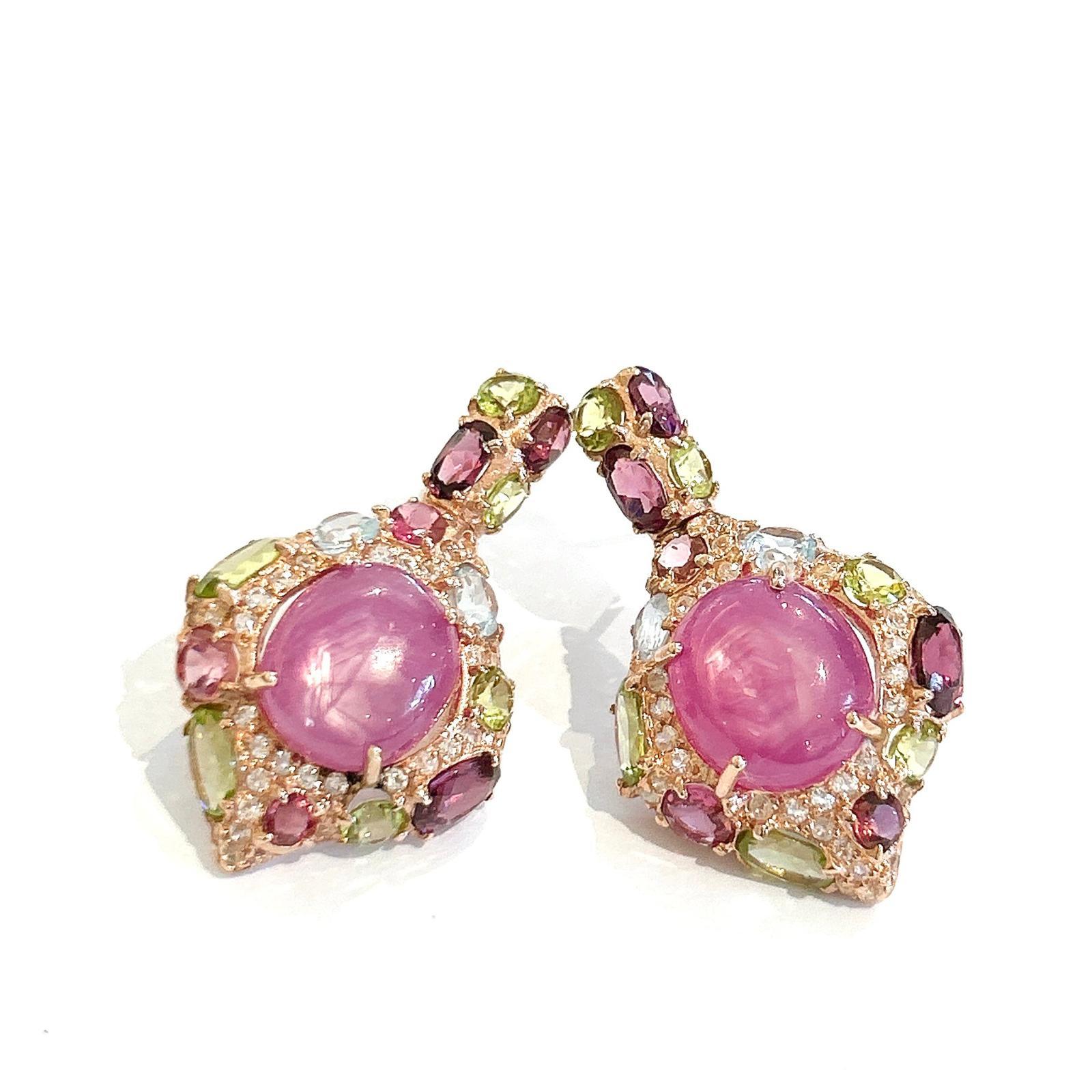 Bochic “Orient” Pink Ruby & Blue Topaz  Earrings Set In 18K Gold & Silver For Sale 1