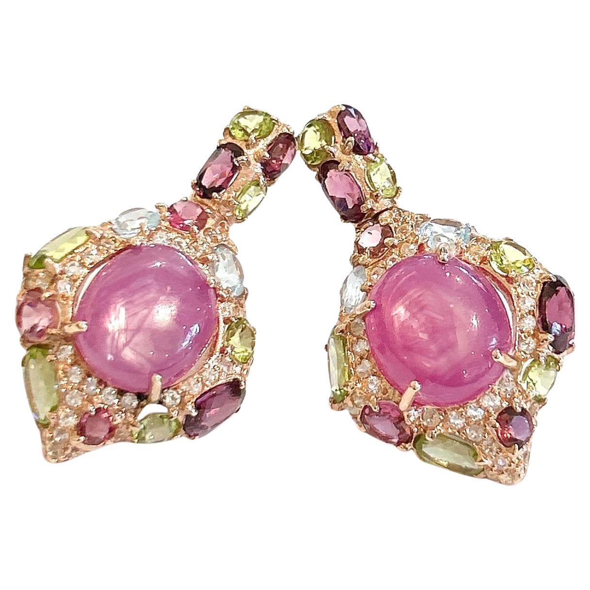 Bochic "Oriente" Rubí rosa y topacio azul  Pendientes engastados en oro de 18 quilates y plata
