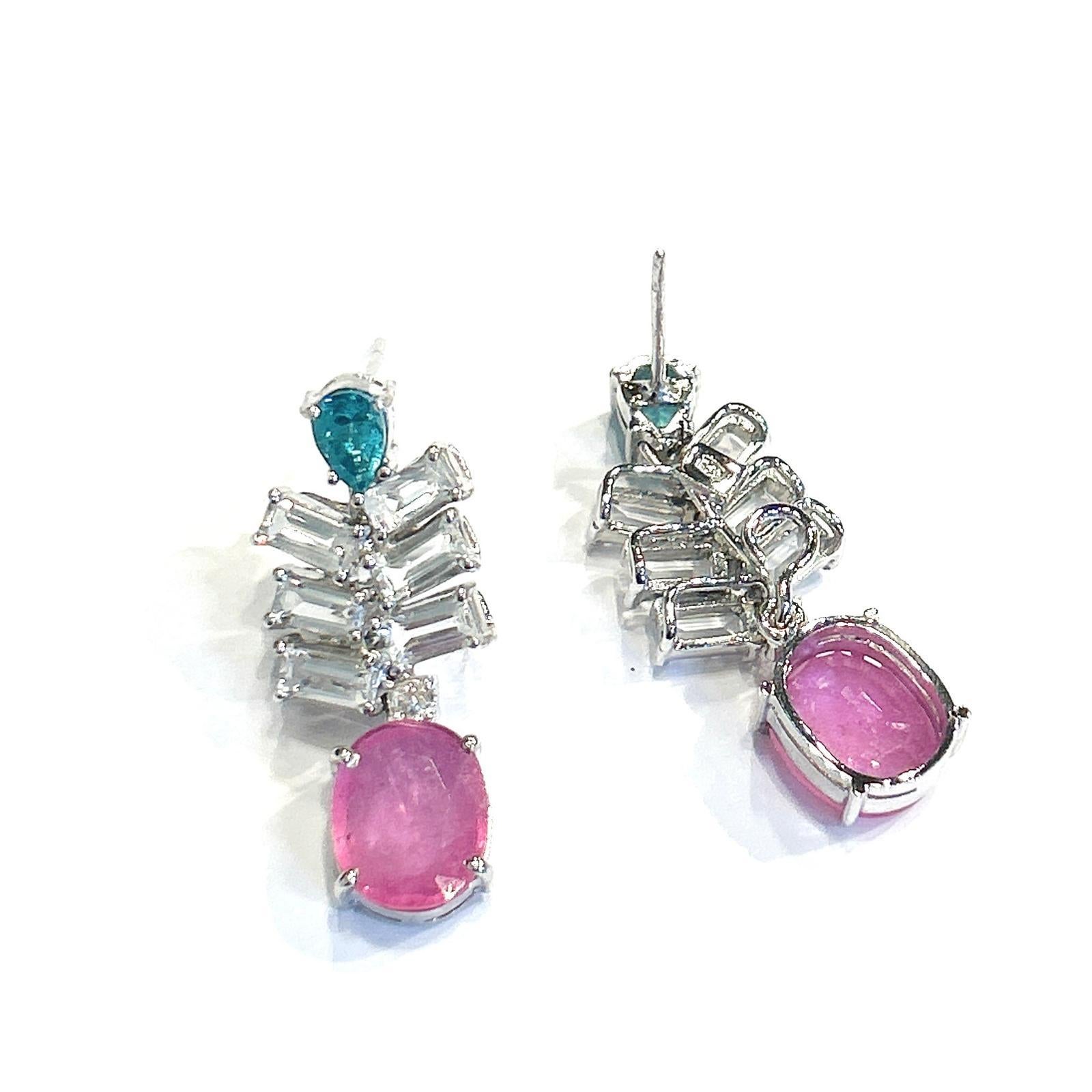 Belle Époque Bochic “Orient” Pink Ruby, Topaz & Blue Appetite Earrings Set 18K Gold & Silver For Sale