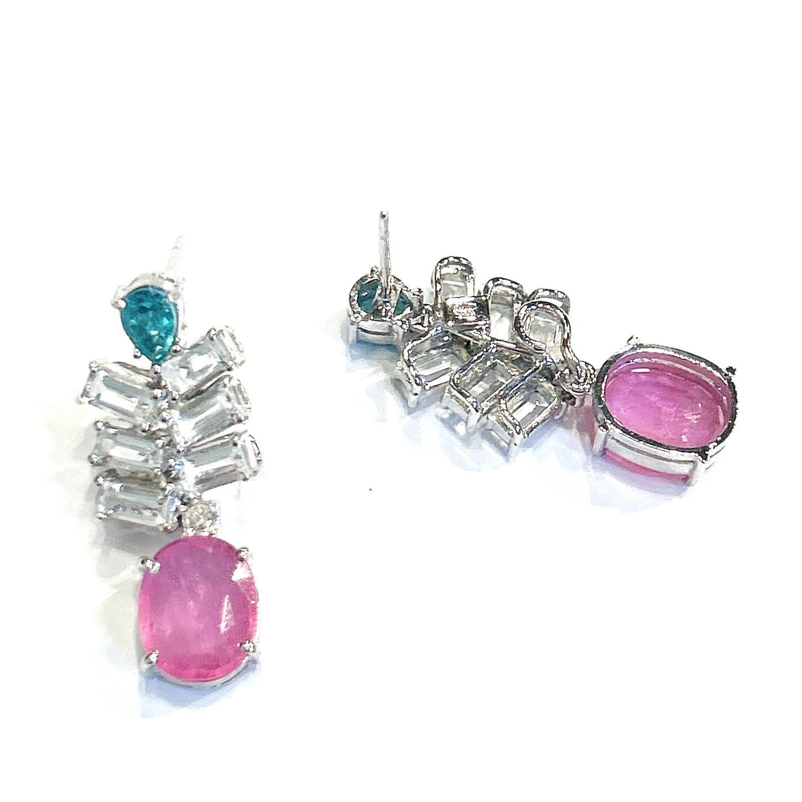 Brilliant Cut Bochic “Orient” Pink Ruby, Topaz & Blue Appetite Earrings Set 18K Gold & Silver For Sale
