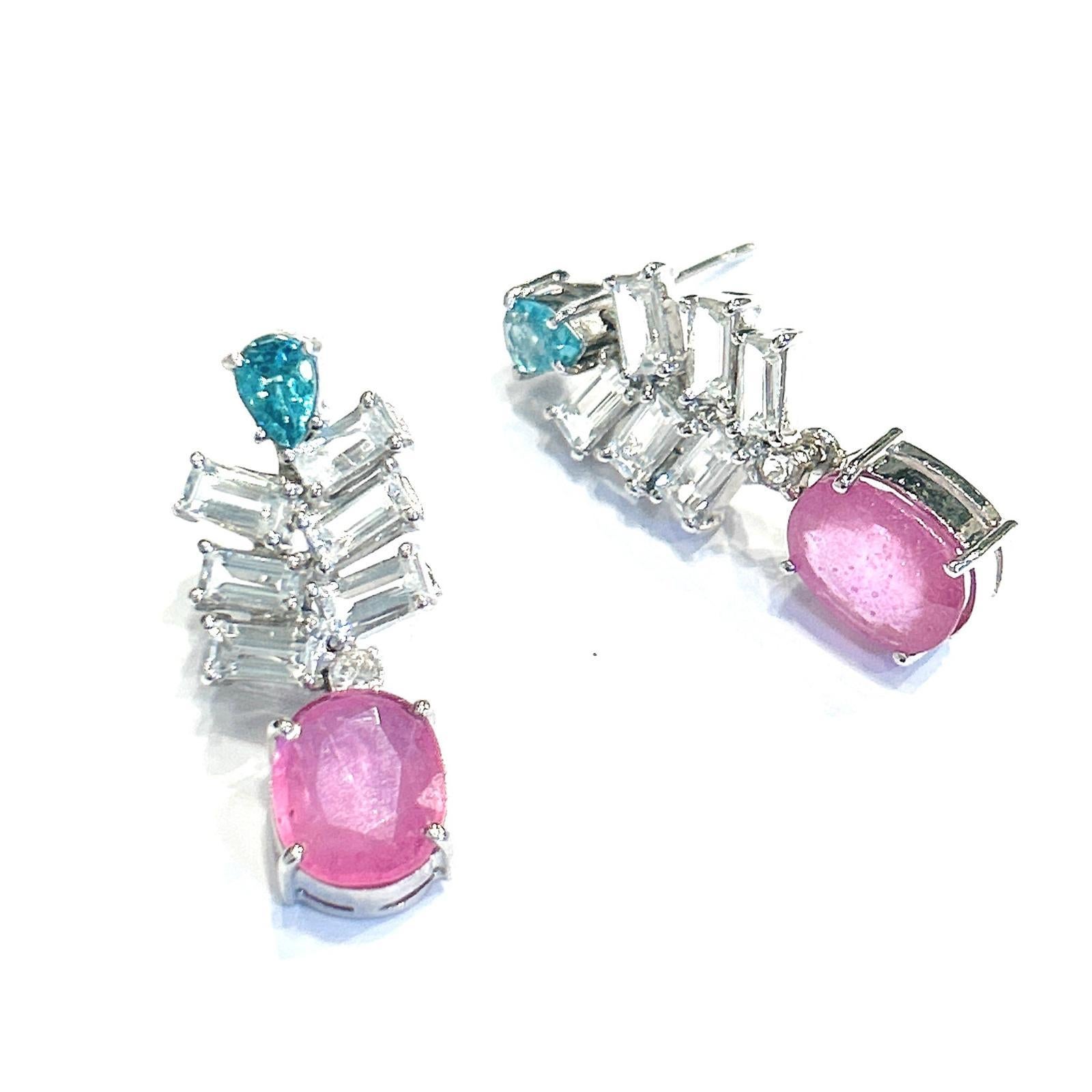 Bochic “Orient” Pink Ruby, Topaz & Blue Appetite Earrings Set 18K Gold & Silver For Sale 1
