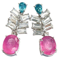 Bochic Orient Ohrringe aus 18 Karat Gold und Silber mit rosa Rubin, Topas und blauem Appetit