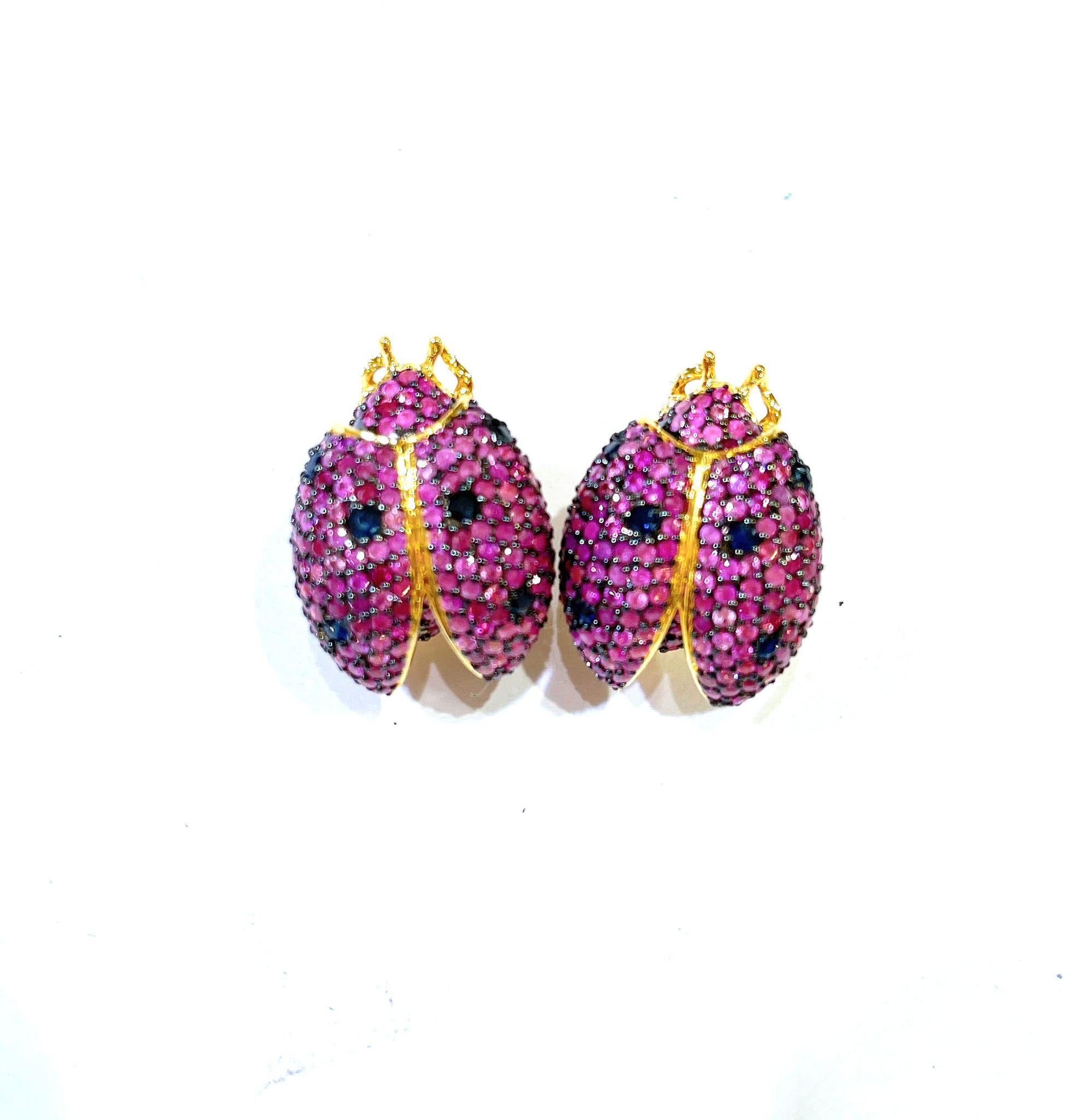 Art Deco Bochic “Orient” Pink Sapphire & Blue Sapphire Earrings Set In 18K Gold & Silver
