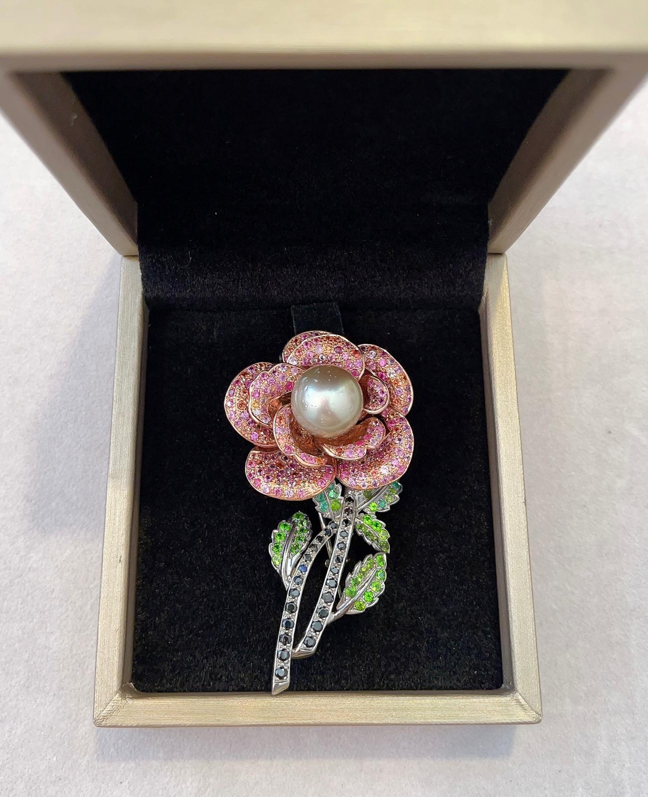 “Orient” Pink Sapphire & Pearl Brooch Set in 22k Gold & Silver For Sale 3
