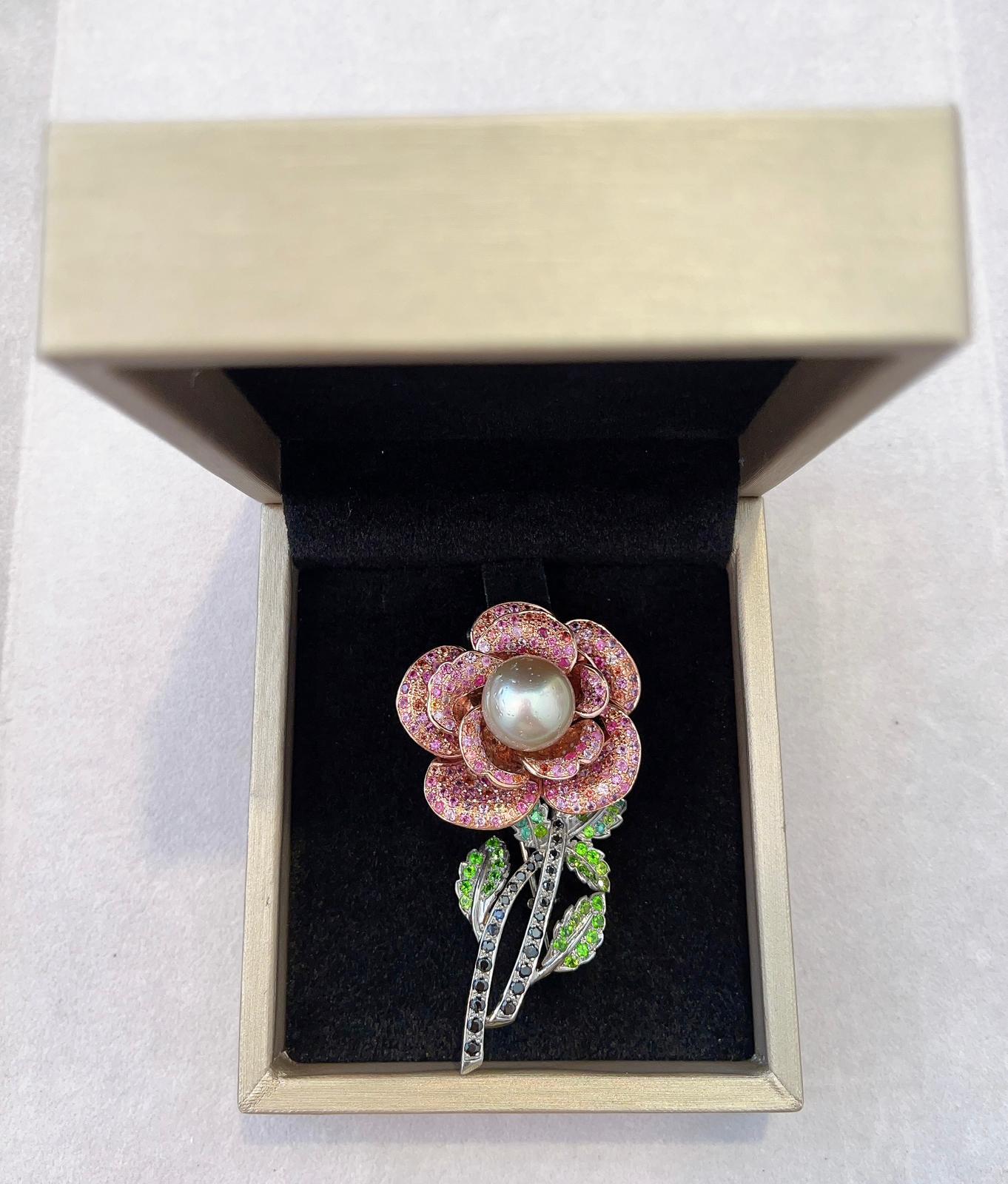 “Orient” Pink Sapphire & Pearl Brooch Set in 22k Gold & Silver For Sale 6