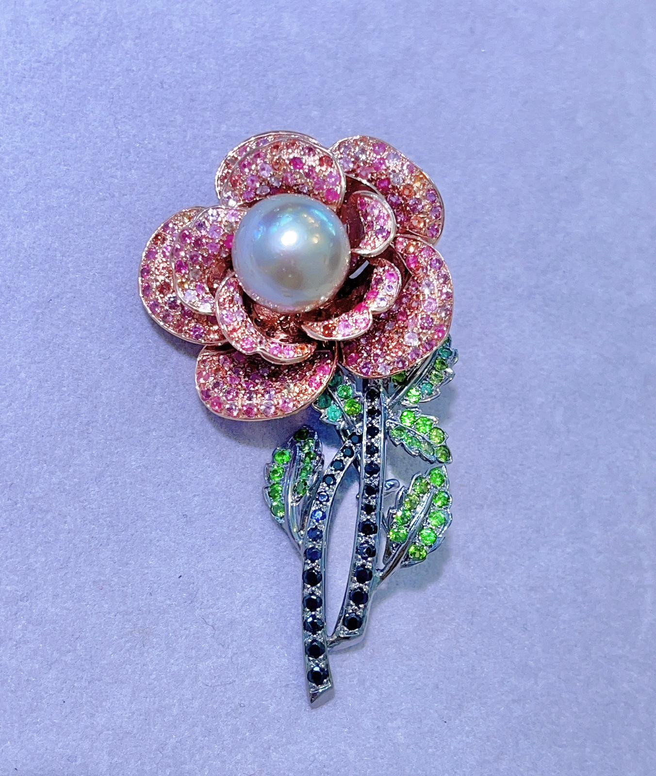 Bochic “Orient” Pink Sapphire & Pearl Brooch Set in 22K Gold & Silver 
Multi natural gem Brooch 
Beautiful Mix of Natural Pink Sapphires, Rubies & White Topaz are Pave set at the Patel’s  - 4 carats
Brilliant cut shapes 
Green Chrome dioxide on the