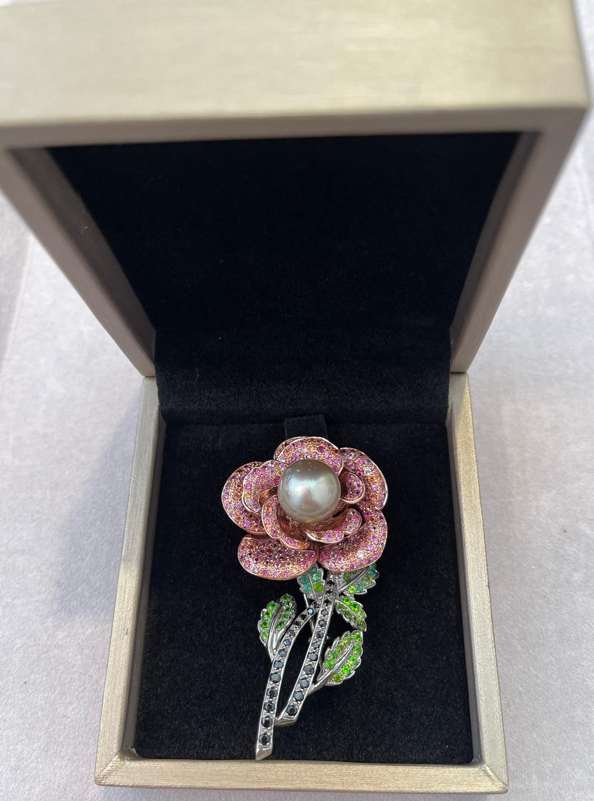 Women's “Orient” Pink Sapphire & Pearl Brooch Set in 22k Gold & Silver For Sale