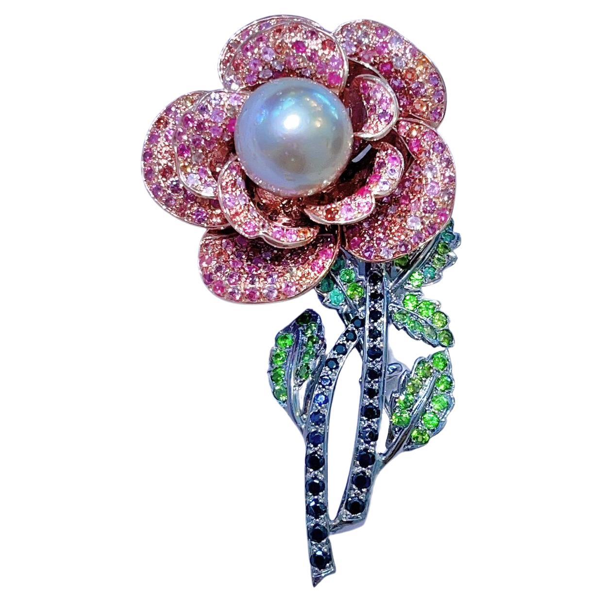 “Orient” Pink Sapphire & Pearl Brooch Set in 22k Gold & Silver For Sale