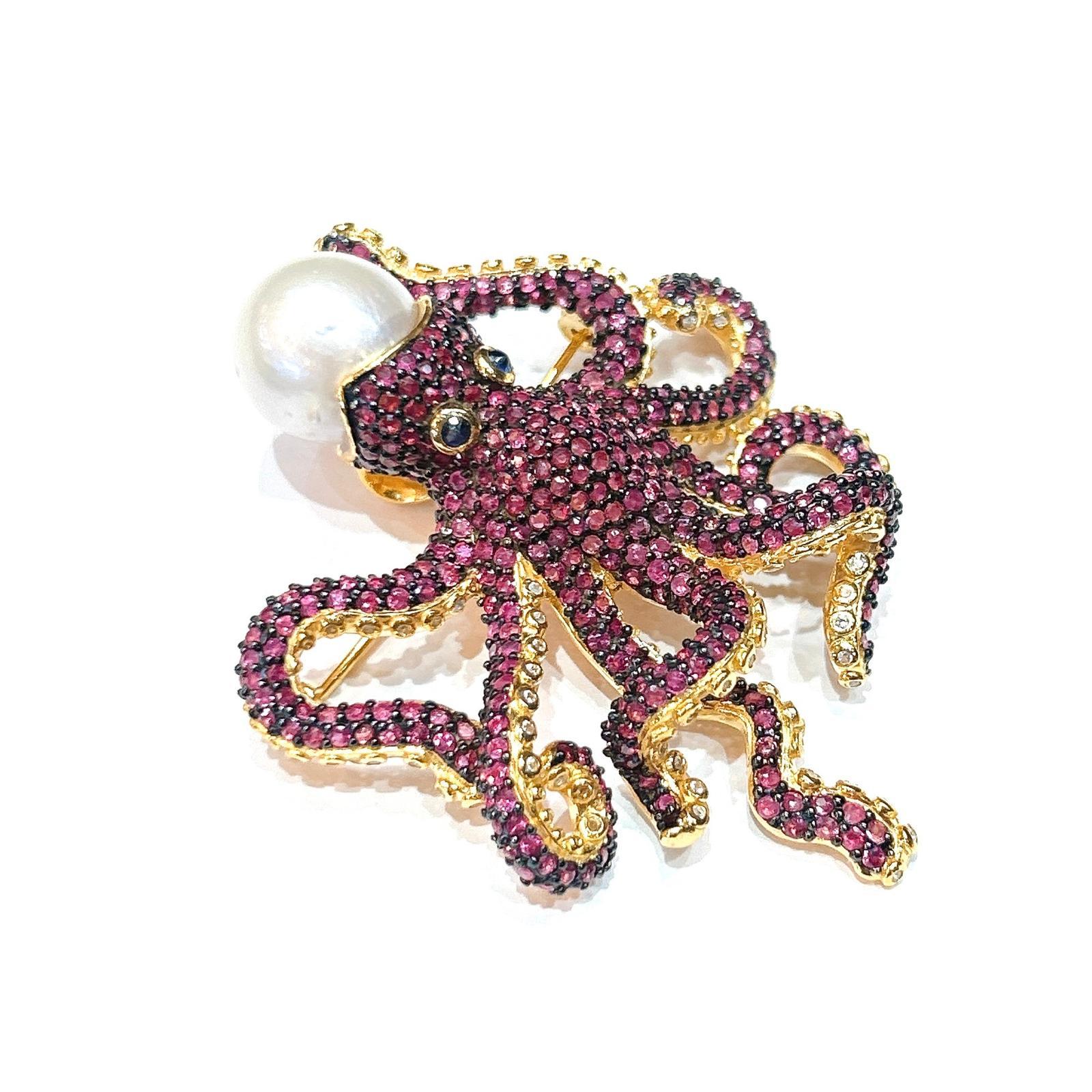 Baroque Bochic “Orient” Pink Sapphire & South Sea Pearl Brooch Set 18K Gold & Silver