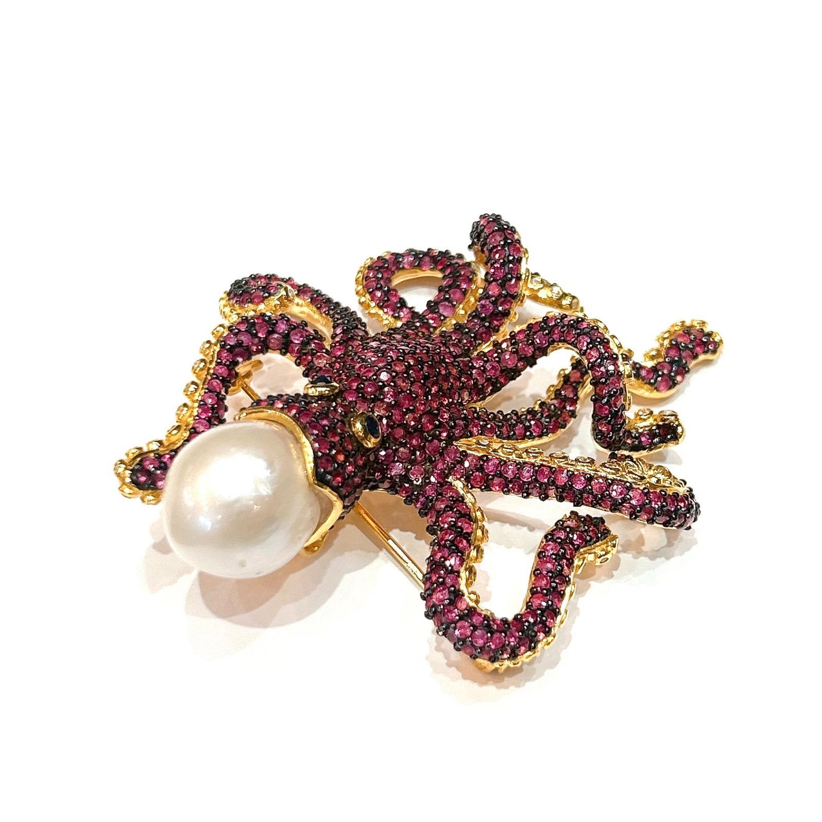 Brilliant Cut Bochic “Orient” Pink Sapphire & South Sea Pearl Brooch Set 18K Gold & Silver