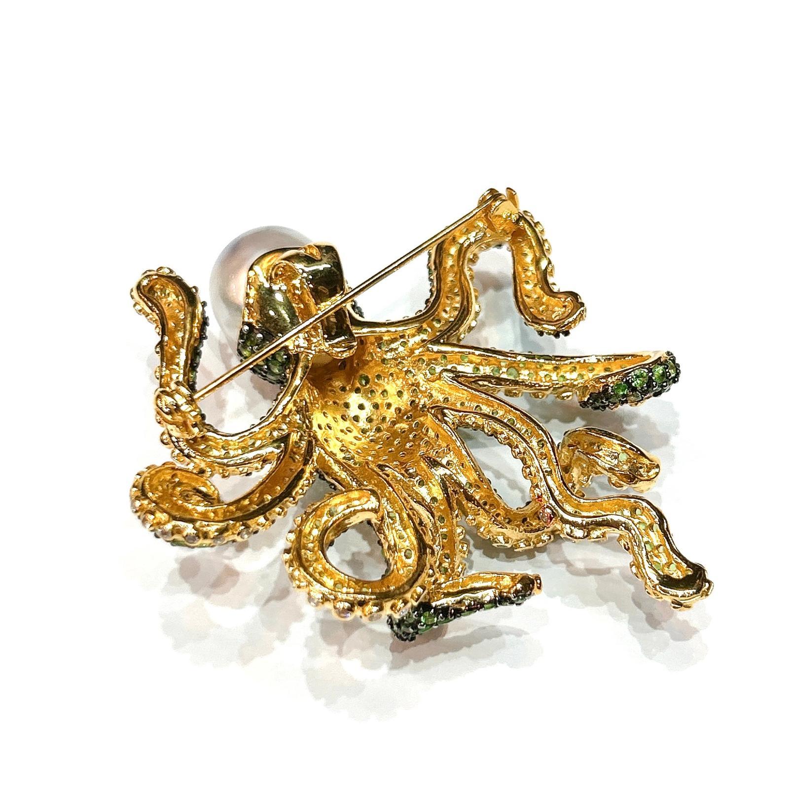 Bochic “Orient” Pink Sapphire & South Sea Pearl Brooch Set 18K Gold & Silver 1