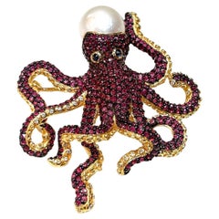 Bochic “Orient” Pink Sapphire & South Sea Pearl Brooch Set 18K Gold & Silver