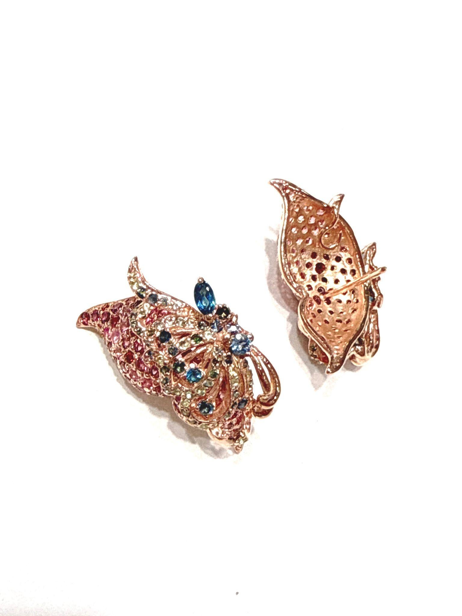 Bochic “Orient” Pink Sapphire & Topaz Butterfly Earrings Set 18K Gold & Silver For Sale 5