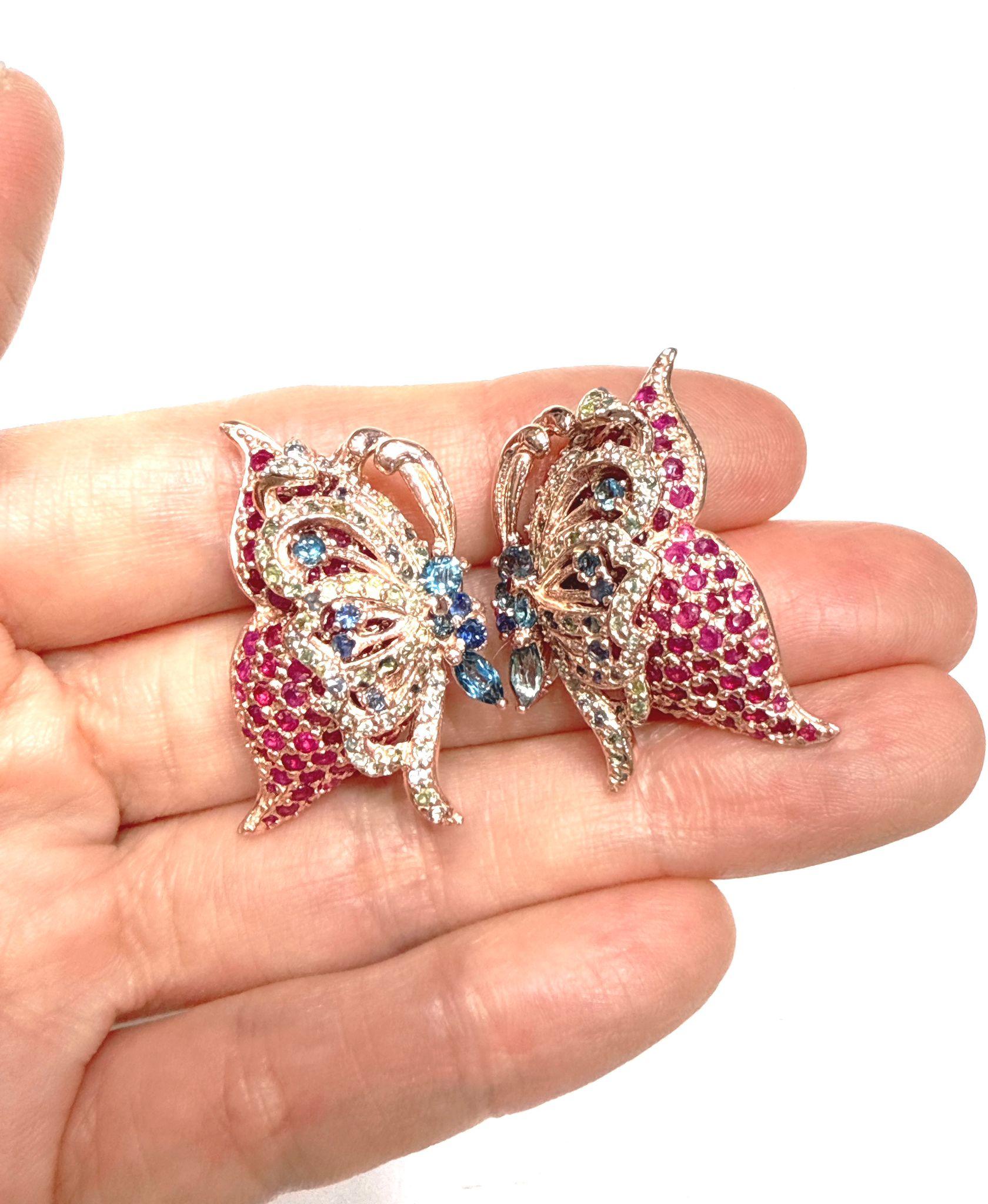 Bochic “Orient” Pink Sapphire & Topaz Butterfly Earrings Set 18K Gold & Silver For Sale 9